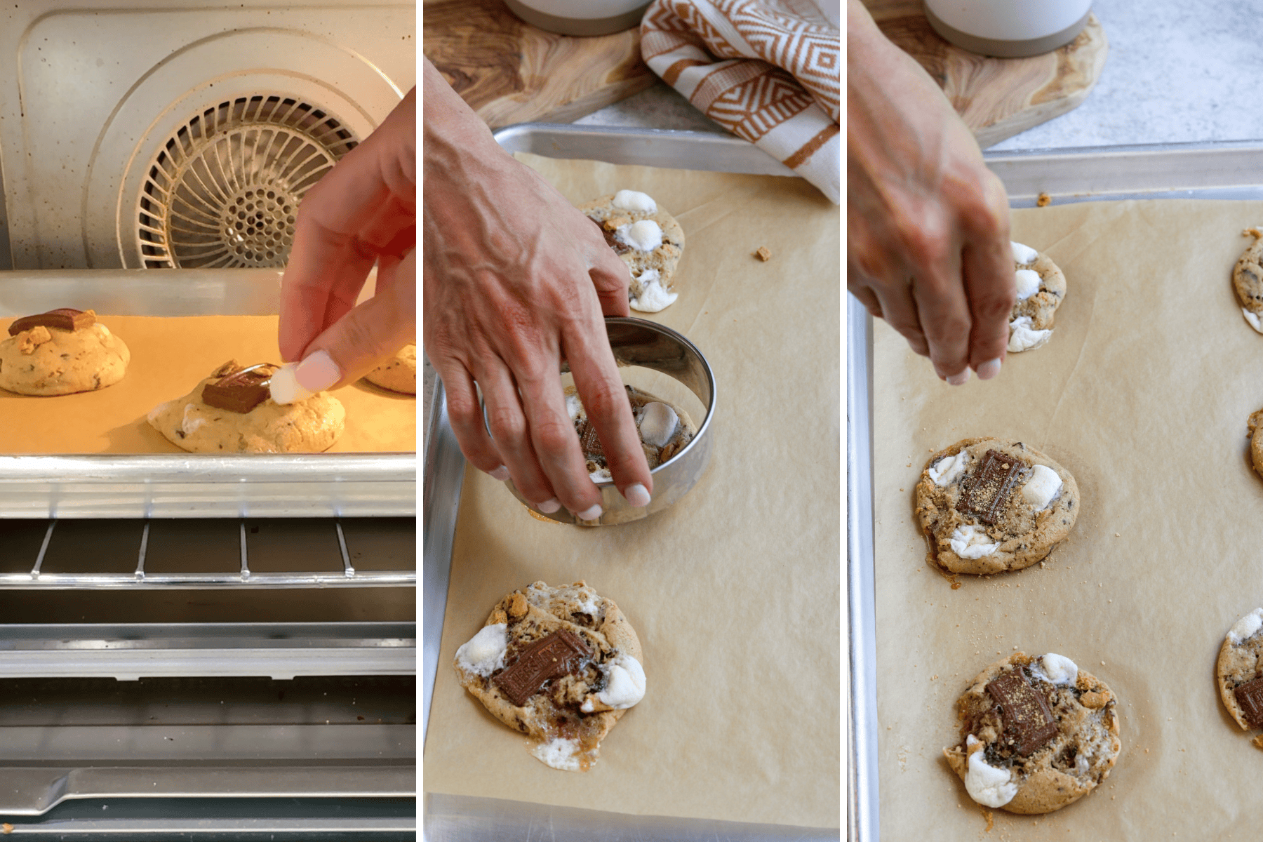 first picture: s'mores cookies baking in the oven and hand placing marshmallows on top of the cookies. second picture: hand holding a cookie cutter around a smores cookies to help define the round shape. third picture: sprinkling graham cracker crumbs on top of smores cookie.