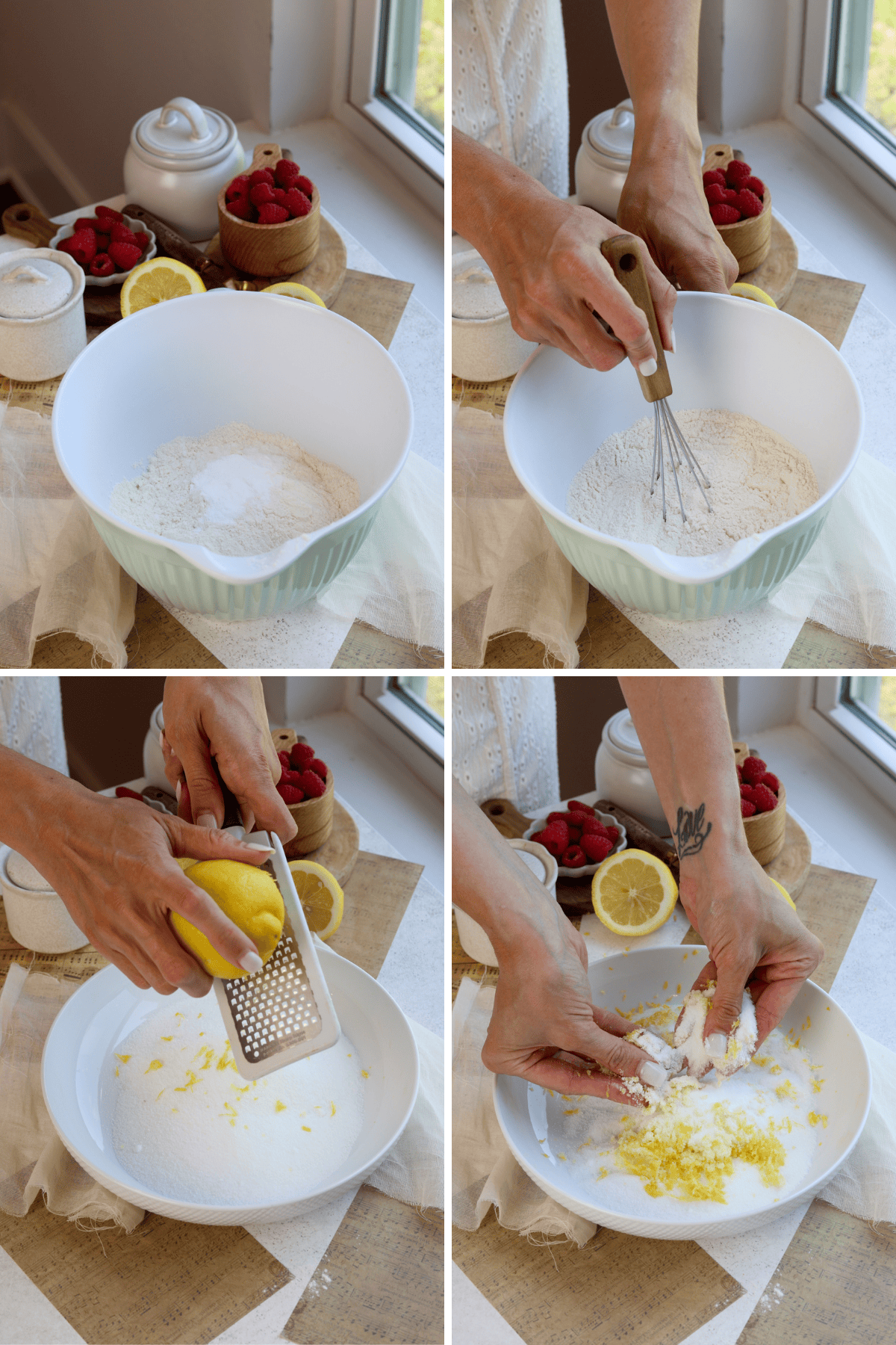 first picture: bowl with flour and baking powder added to the bowl. second picture: bowl with flour inside and a whisk mixing the flour. third picture: bowl with sugar inside and a hand zesting a lemon on top of the sugar. fourth picture: rubbing sugar and lemon zest together to combine.