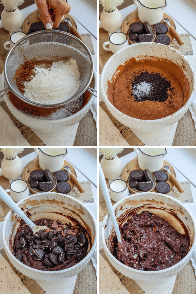 first picture: bowl with brownie batter inside and a sifter on top with cocoa powder and flour in the sifter. second picture bowl with brownie batter inside and sifted flour and cocoa powder on top, and oreo crumbs and salt on top. third picture: batter stirred together, all ingredients of the chocolate batter incorporated with chopped oreos on top. fourth picture: bowl with oreo brownie batter and chopped oreos mixed into the batter.