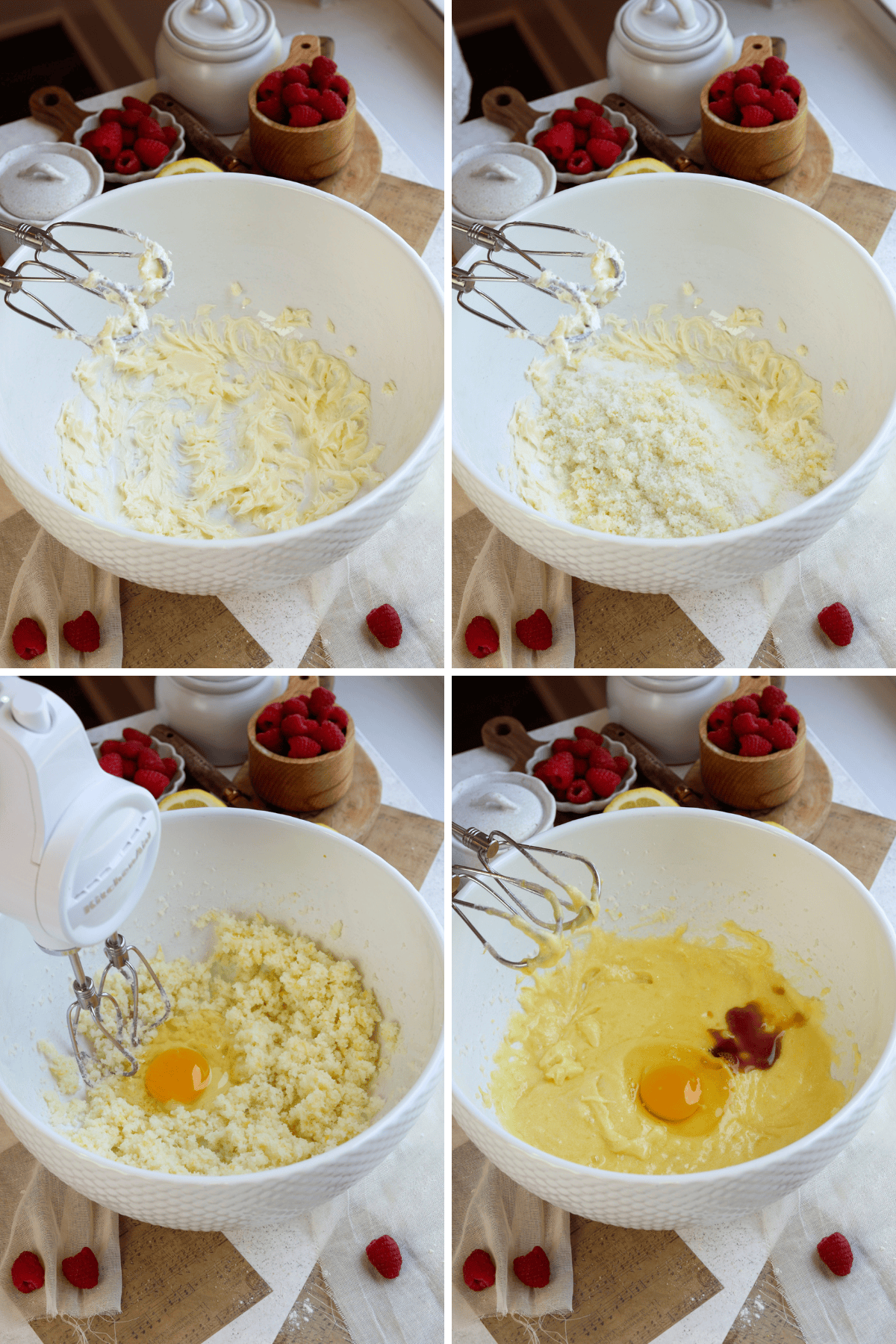 first picture: bowl with whipped butter inside. second picture: bowl with whipped butter and sugar added to the bowl. third picture: mixer whipping the butter, sugar with an egg. fourth picture: bowl with batter inside and an egg and vanilla added to the bowl.