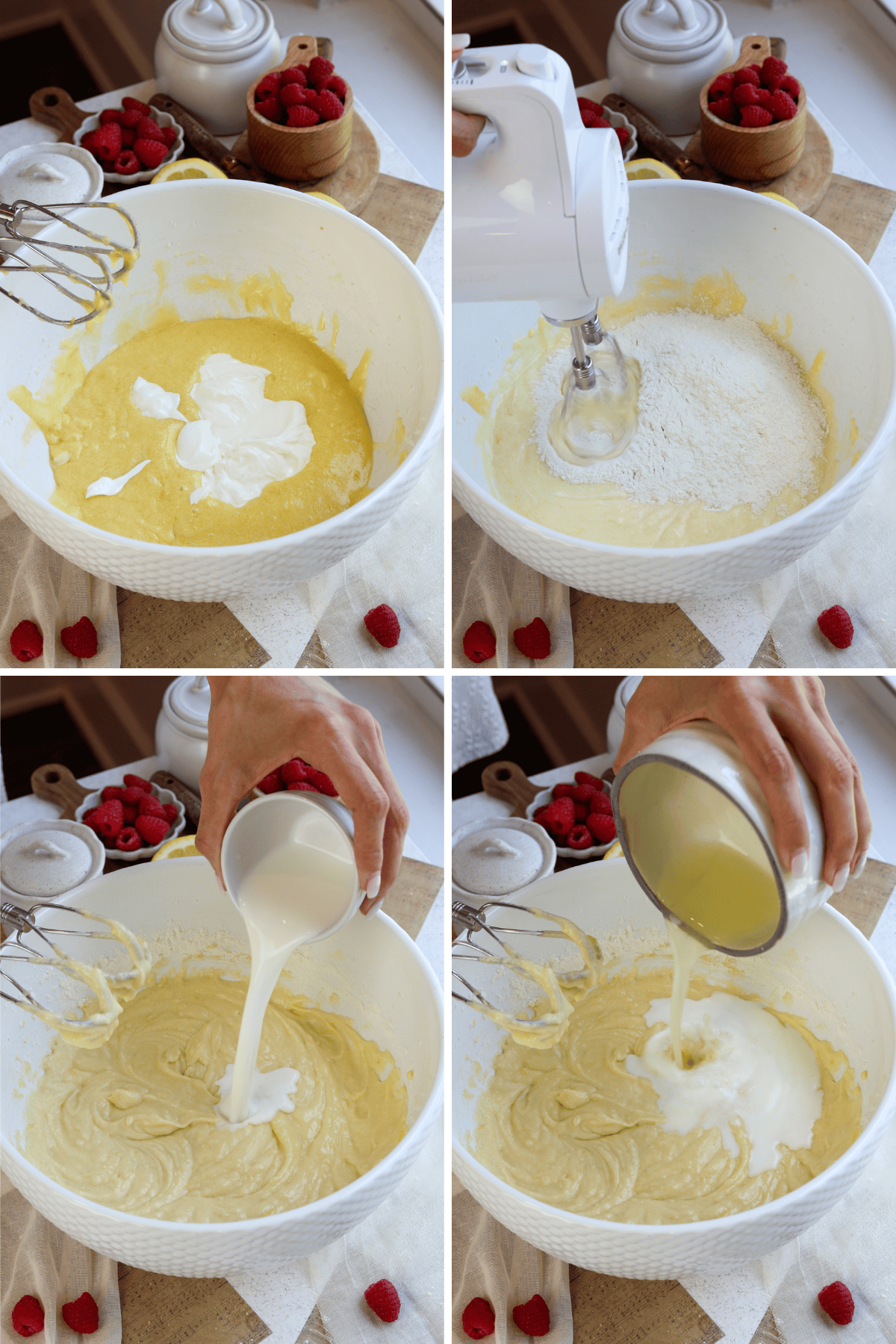 first picture: bowl with batter inside and sour cream added to the bowl. second picture: bowl with batter inside and flour added to the bowl with a mixer mixing everything. third picture: adding milk to a bowl of batter. fourth picture: adding lemon juice to a batter bowl.