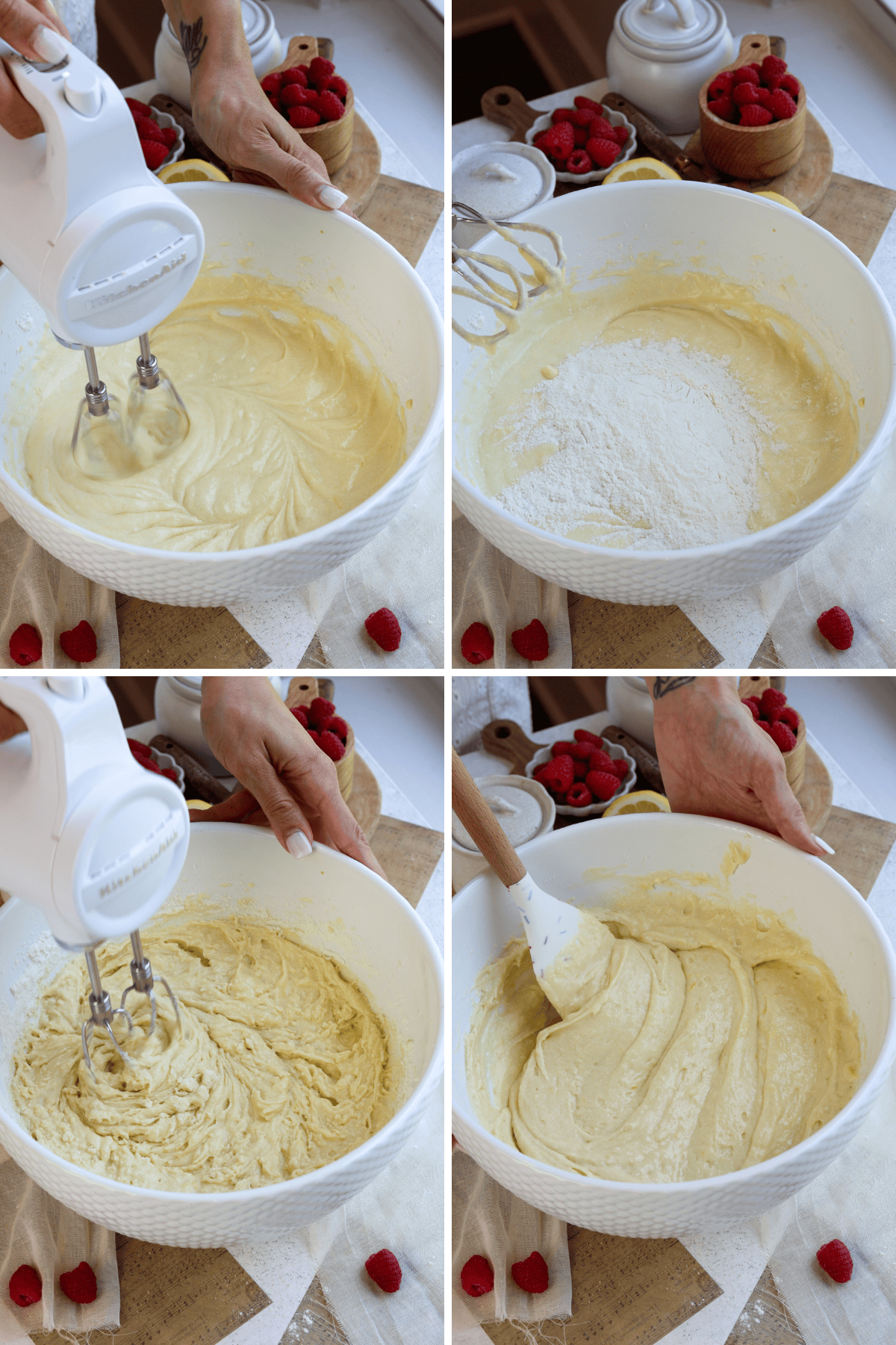 first picture: hand with a mixer beating batter in a bowl. second picture: flour added to a bowl with cake batter. third picture: hand with a mixer beating the batter together. fourth picture: bowl with cake batter inside and a hand stirring it.