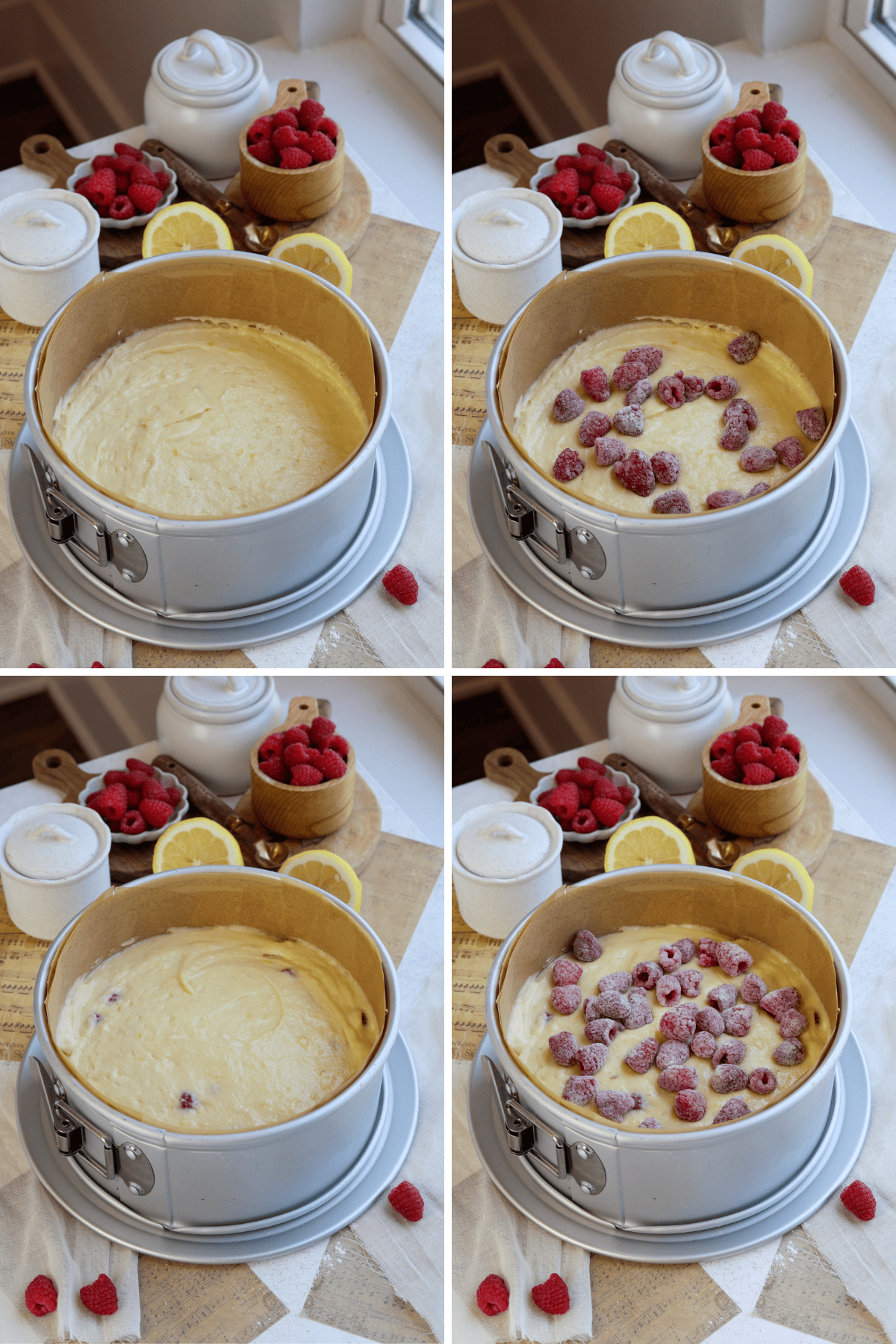 first picture: pan with cake batter inside. second picture: a layer of cake batter on the bottom of a pan, and raspberries on top. third picture: a cake pan with cake batter inside. fourth picture: a cake pan with cake batter inside and raspberries on top.