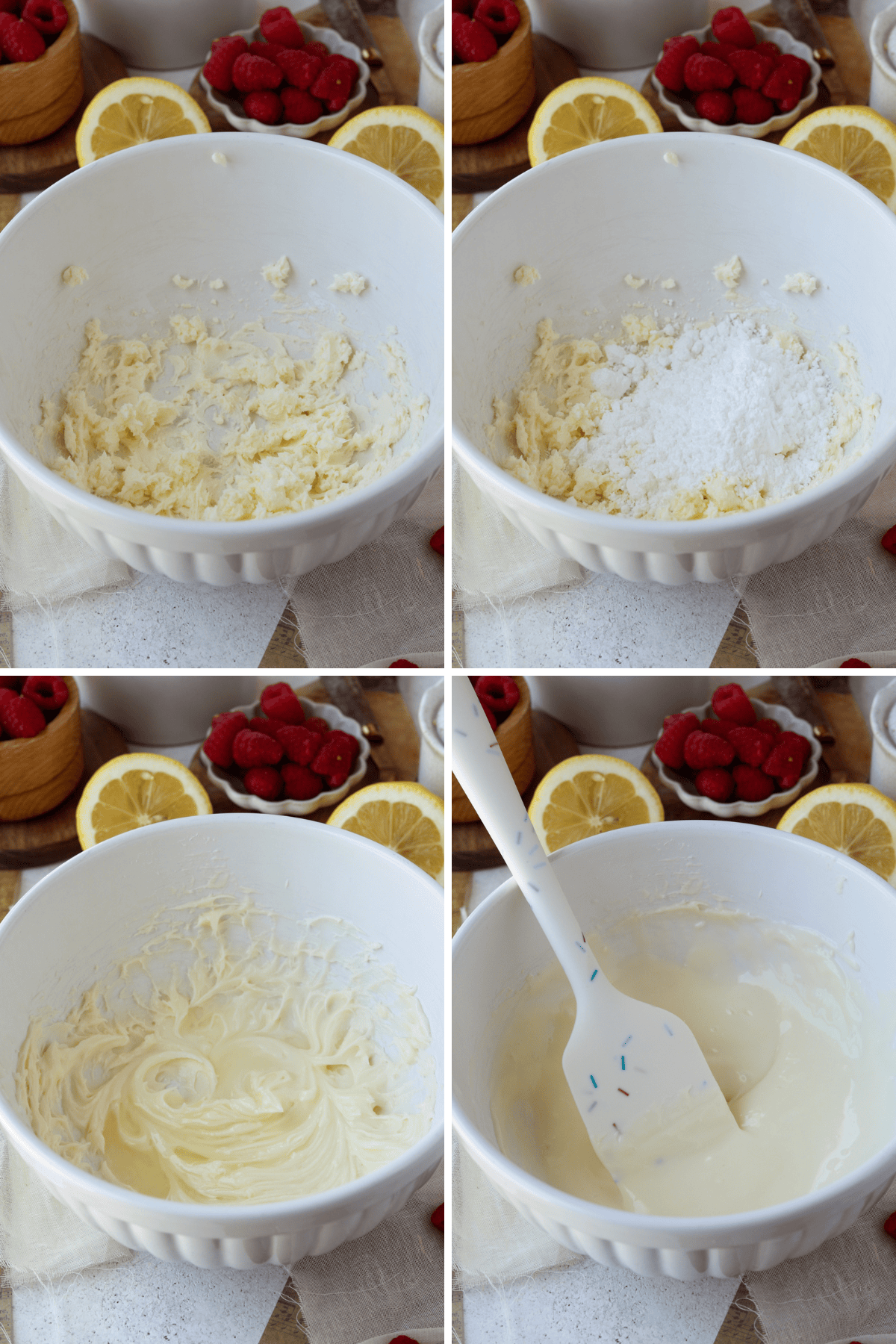 first picture: bowl with whipped butter inside. second picture: bowl with whipped butter and powdered sugar added to the bowl. third picture: whipped butter and powdered sugar with lemon juice. fourth picture: hand with a spatula in the bowl with glaze inside.