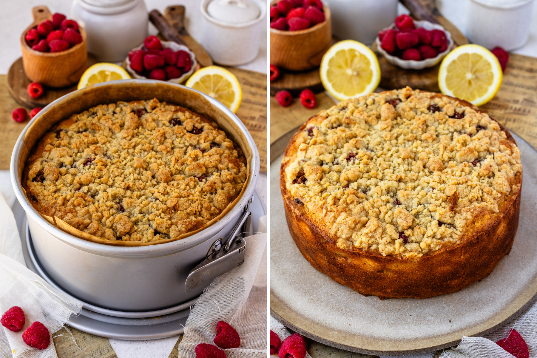 first picture: lemon raspberry crumb cake in a pan. second picture: lemon raspberry crumb cake on top of a cake plate.