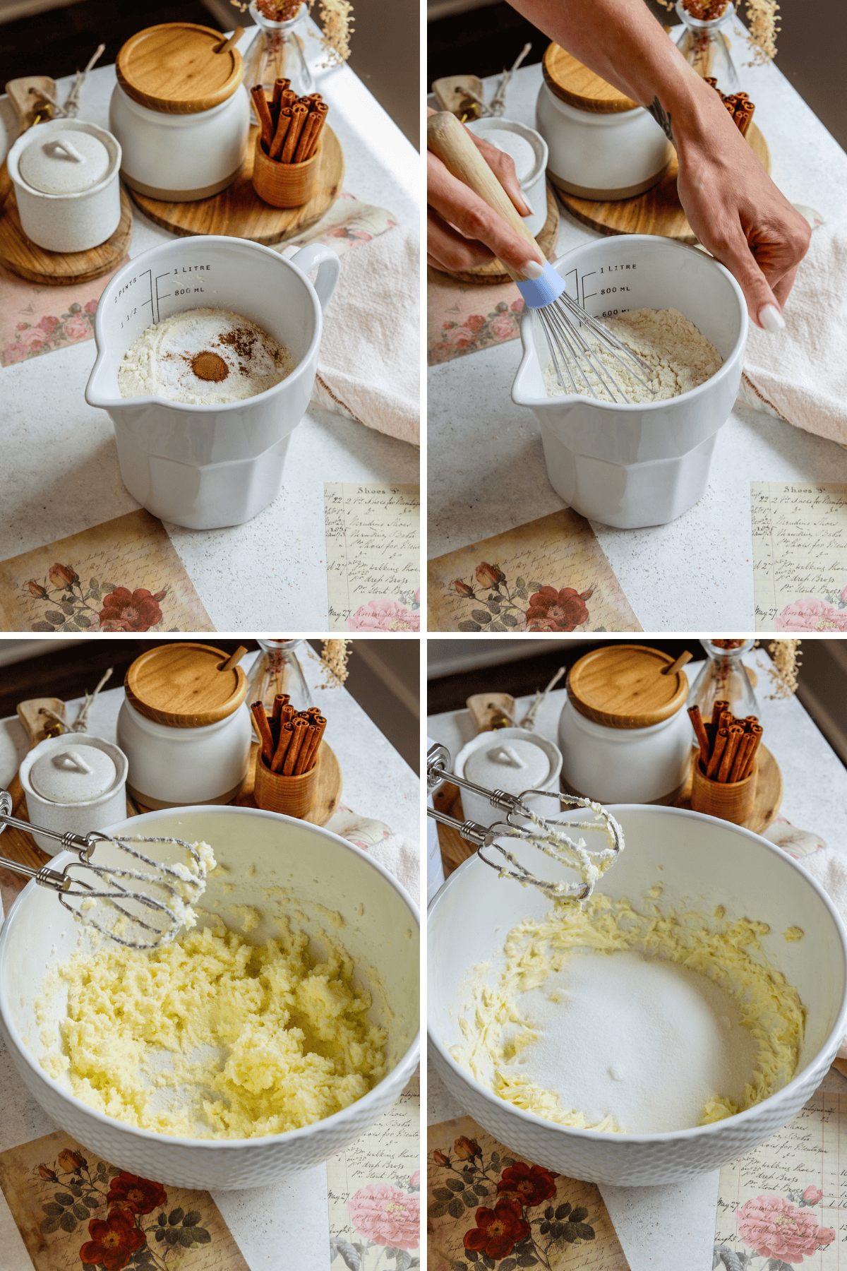 first picture: measuring cup with flour, cinnamon, leavening agents in the bowl. second picture: hand whisking the flour ingredients. third pictures: whipped butter with a mixer in a bowl. fourth picture: whipped butter with sugar added in a bowl.