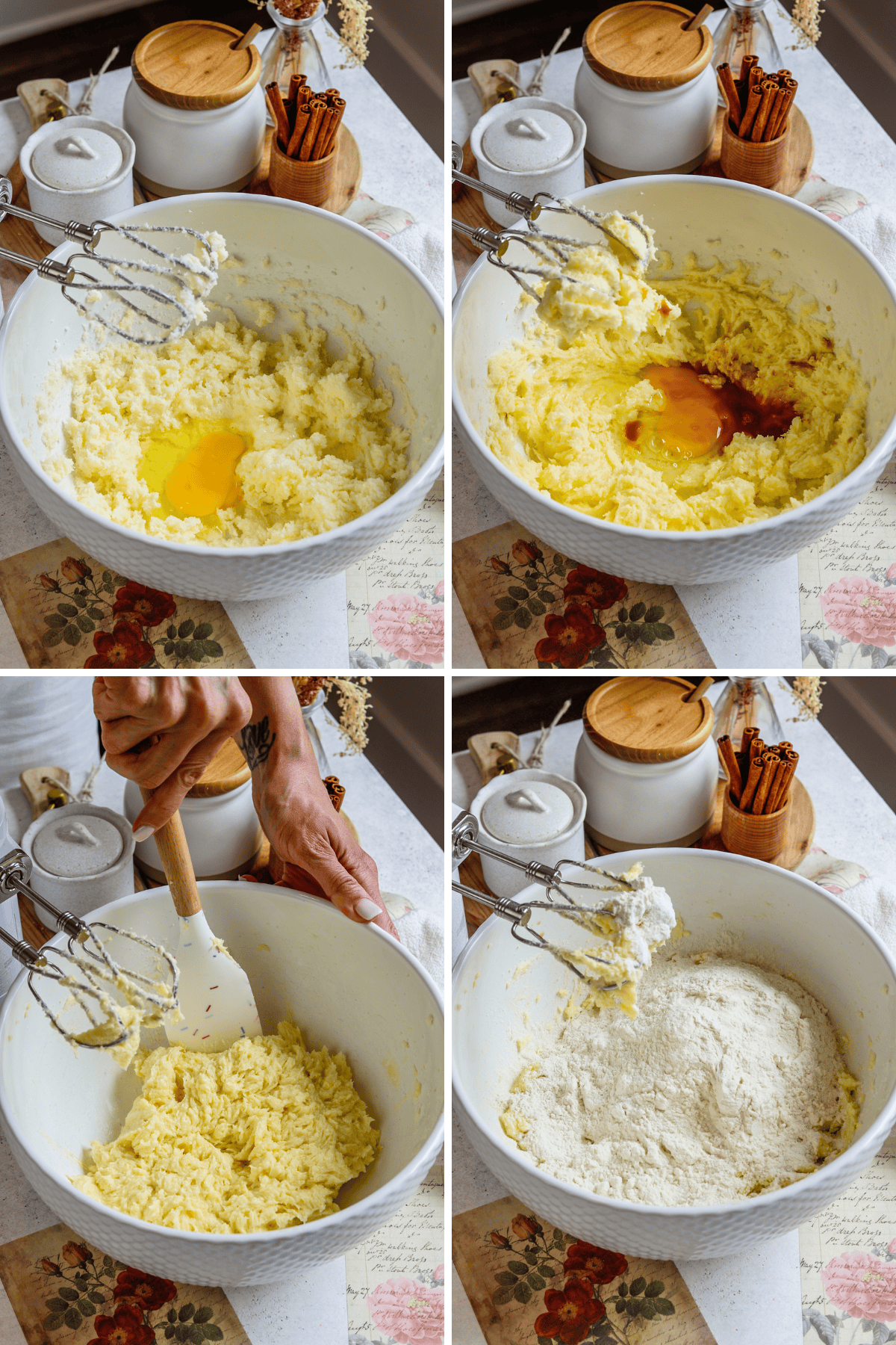 first picture: bowl with whipped butter and sugar with an egg in the bowl. second picture: bowl with whipped butter and sugar, with egg and vanilla added to it. third picture: bowl with butter and sugar whipped together with a spatula scraping the sides of the bowl. fourth picture: bowl with whipped butter and sugar with flour added to the bowl.