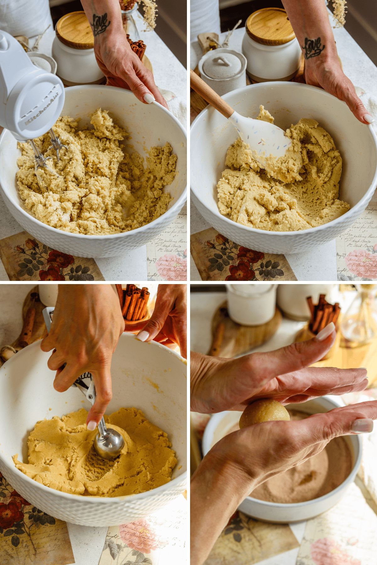 first picture: bowl with snickerdoodle cookie dough in it. second picture: bowl with cookie dough inside and a spatula mixing the dough. third picture: hand scooping cookie dough with a cookie scoop. fourth picture: hand rolling cookie dough to make it into a smooth ball.