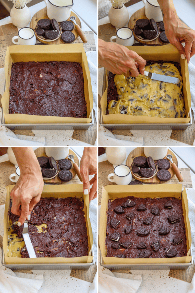 first picture: 8x8" pan with parchment paper on the bottom and brownie batter spread on the bottom of the pan. second picture: 8x8" pan with brownie batter on the bottom and a hand spreading white brownie batter on top with an offset spatula. third picture: hand spreading chocolate brownie batter on top of white chocolate brownie batter. fourth picture: brownie batter in an 8x8" pan with oreos scattered on top.
