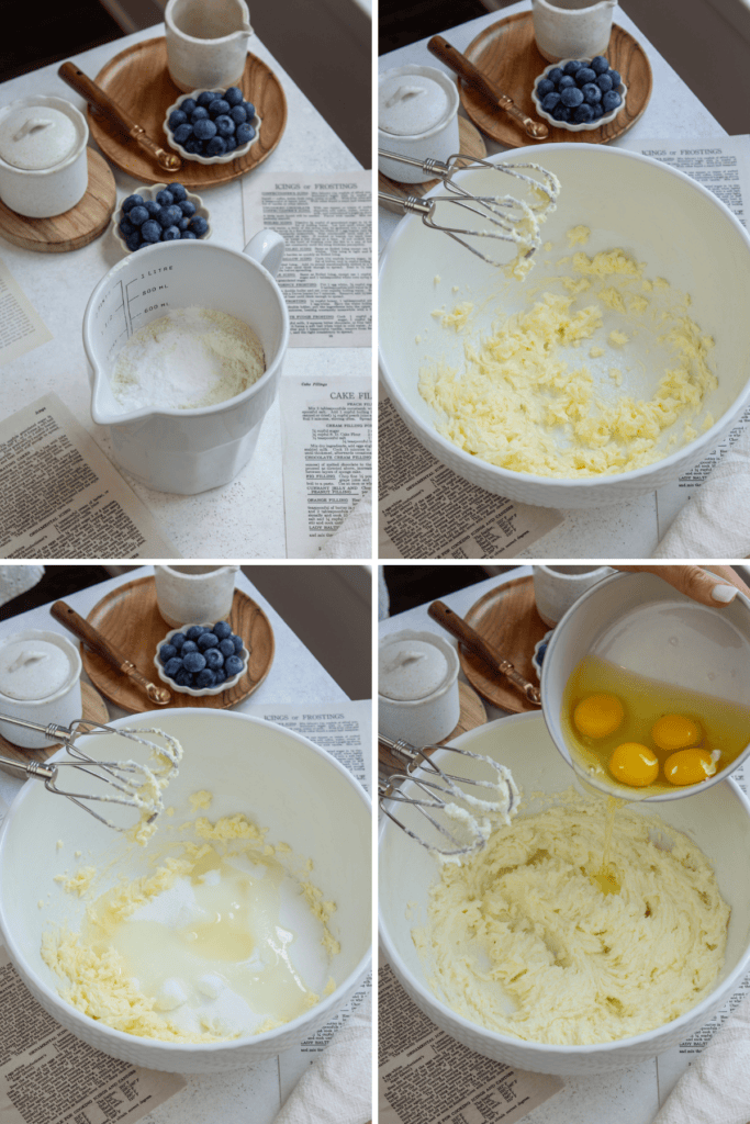 first picture: white measuring cup with flour inside. second picture: bowl with butter whipped inside and a hand mixer next to it. third picture: bowl with whipped butter inside and added sugar and oil on top. fourth picture: bowl with whipped butter, sugar, and oil, and a bowl of eggs being added to the bowl.