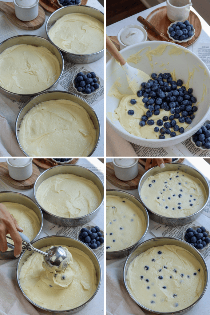 first picture: cake pans with cake batter inside. second picture: bowl with batter inside and blueberries added to the bowl. third picture: three cake pans with batter on the bottom and blueberry cake batter being added to the pans. fourth picture: three cake pans with batter mixed with blueberries spread on the bottom of each pan.