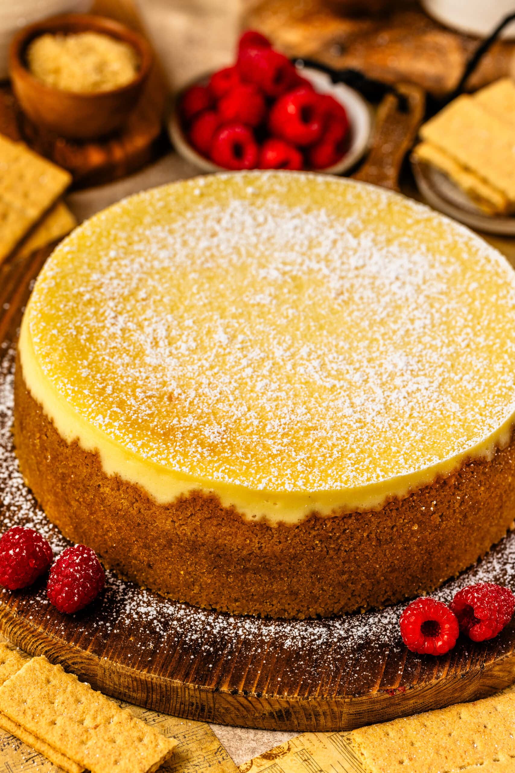 new york cheesecake dusted with powdered sugar, on top of a wooden board.