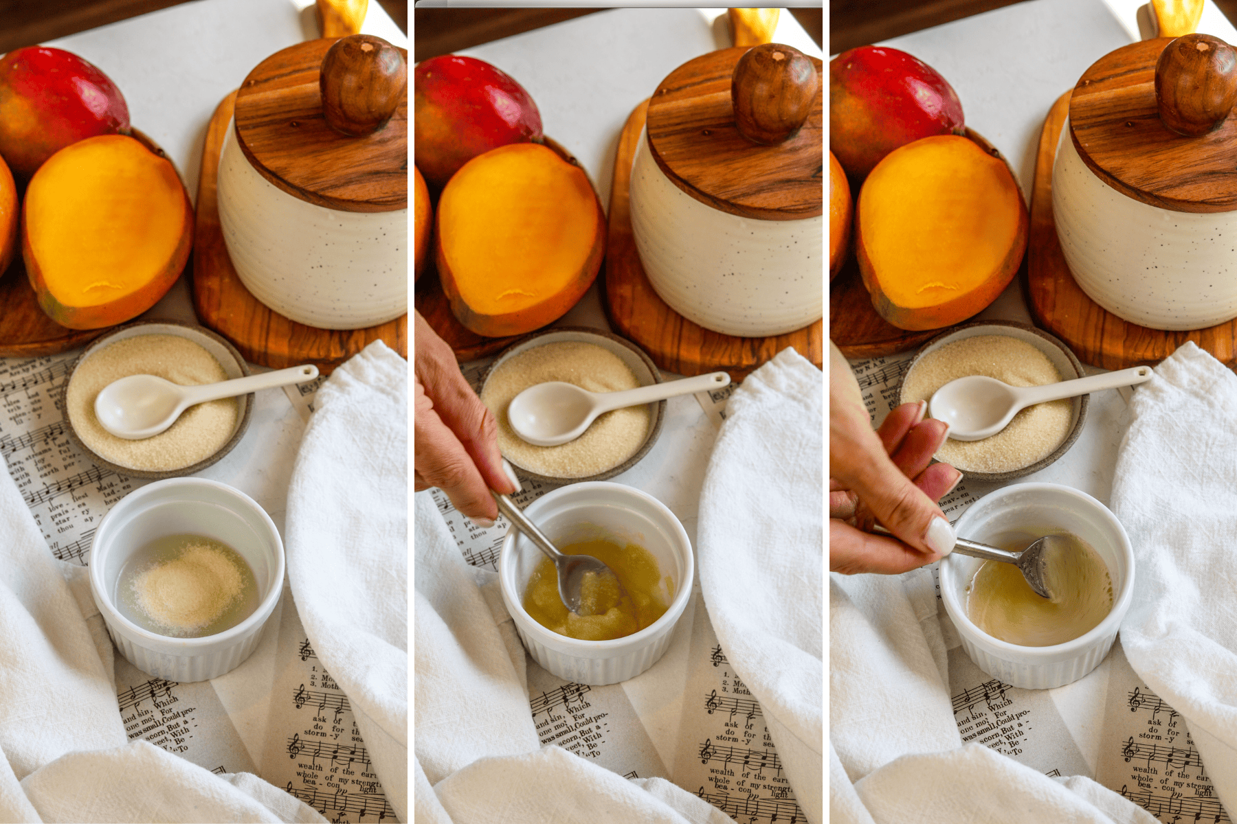 First picture: small bowl with gelatin powder added to the bowl. Second picture: stirring the water with the gelatin. Third picture: stirring gelatin melted with water.