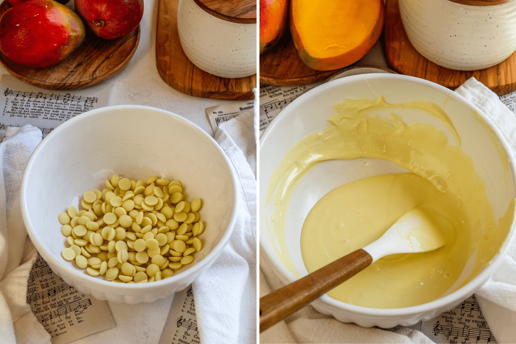 First picture: white chocolate in a bowl. Second picture: melted white chocolate in the bowl.
