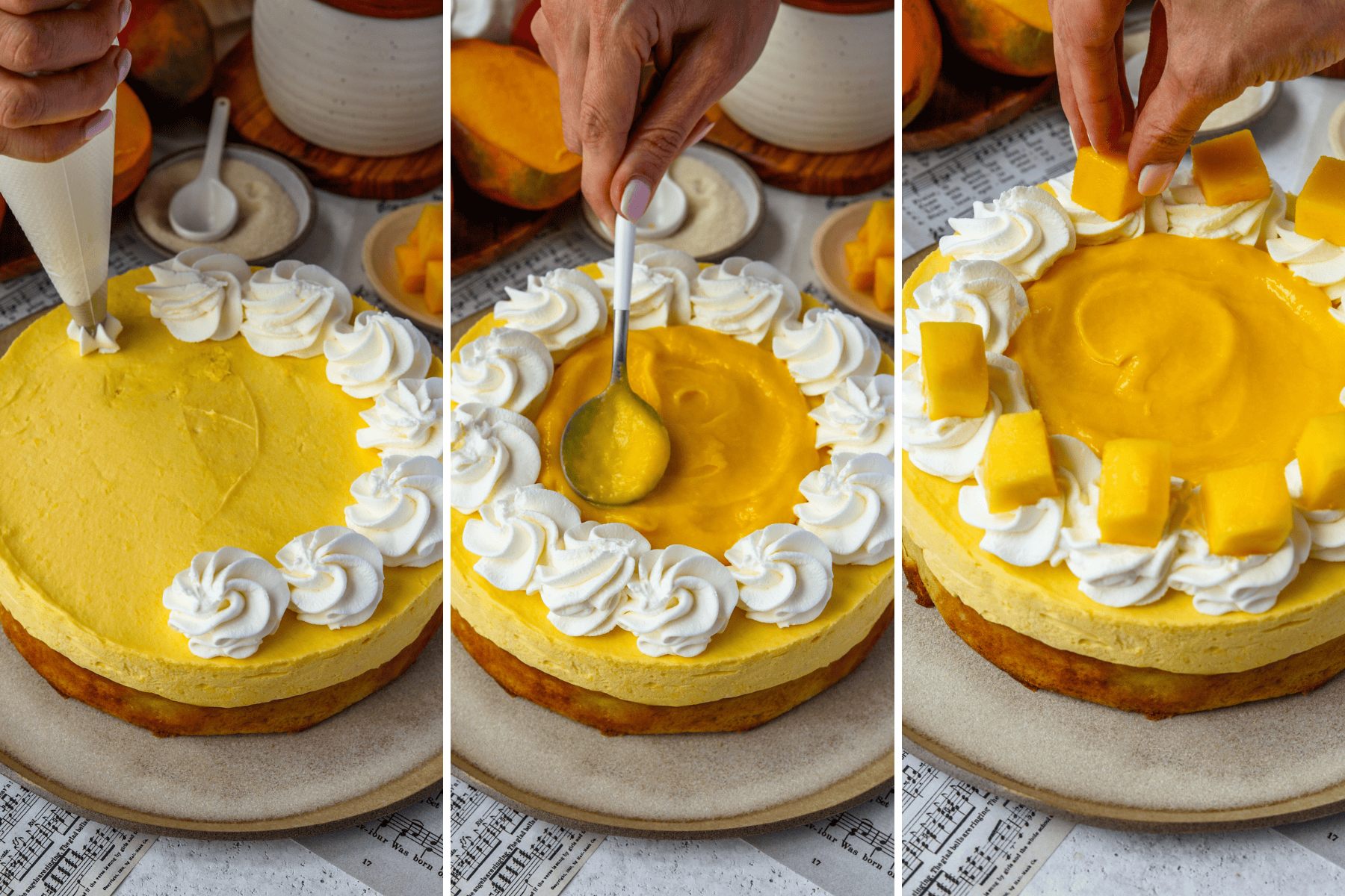 First picture: piping whipped cream on top of mousse cake. Second picture: spooning mango curd in the center of the mousse cake. Third picture: placing mango cubes on top of the whipped cream.