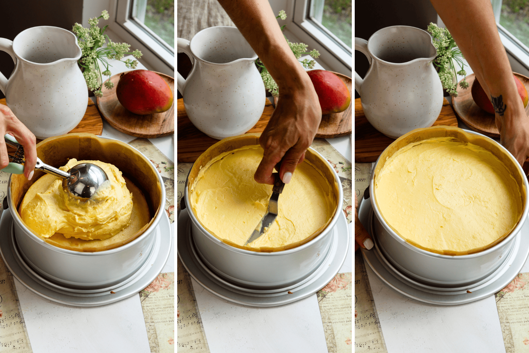First picture: spooning mango mousse on top of baked cake inside of a springform pan. Second picture: smoothing the mango mousse with a spatula. Third picture: mousse on top of cake in a springform pan.