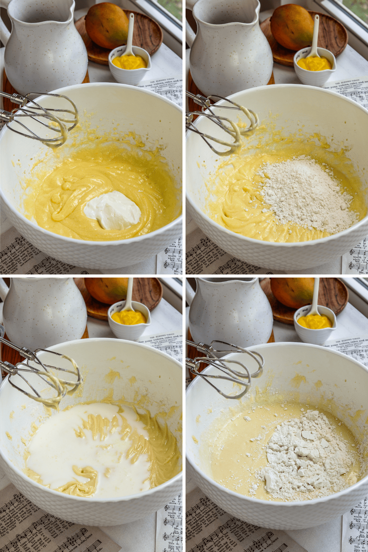 First picture: bowl with whipped batter and sour cream added to the bowl. Second picture: bowl with cake batter inside and flour added to the bowl. Third picture: milk added to the bowl with batter inside. Fourth picture: bowl with batter inside and flour added to the bowl.