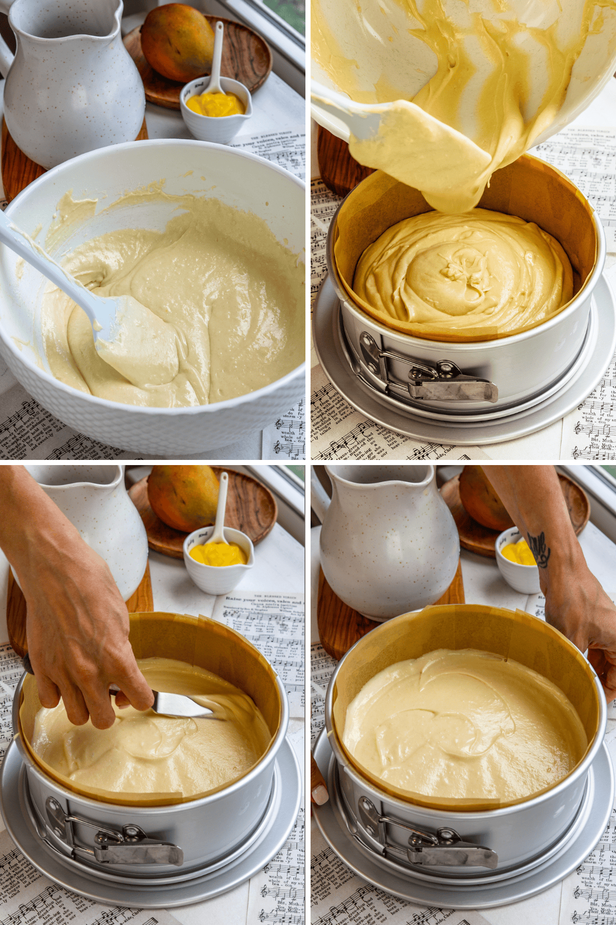 First picture: cake batter in the bowl with a spatula. Second picture: adding the batter to the cake pan. Third picture: smoothing out the batter in the cake pan with a spatula. Fourth picture: cheesecake pan with batter inside.