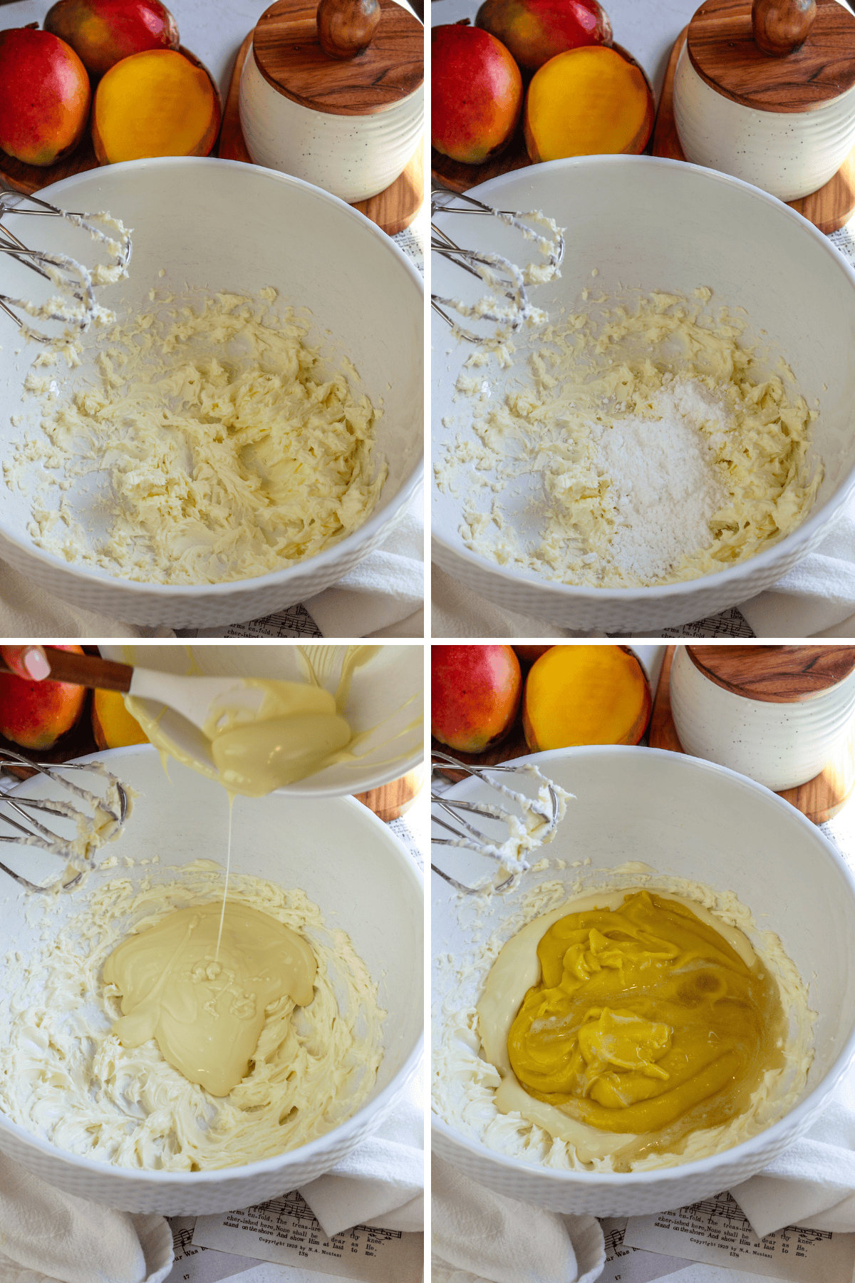 First picture: bowl with whipped cream cheese inside. Second picture: bowl with whipped cream cheese and powdered sugar added to it. Third picture: bowl with whipped cream cheese, and white chocolate being added to the bowl. Fourth picture: bowl with whipped cream cheese, mango curd, and gelatin added to the bowl.