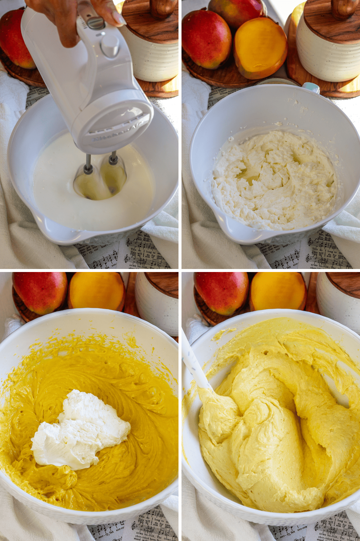 First picture: whipping the heavy cream with a mixer. Second picture: bowl with whipped cream inside. Third picture: whipped cream added to a bowl with mango mousse inside. Fourth picture: bowl with mango mousse and a spatula inside.