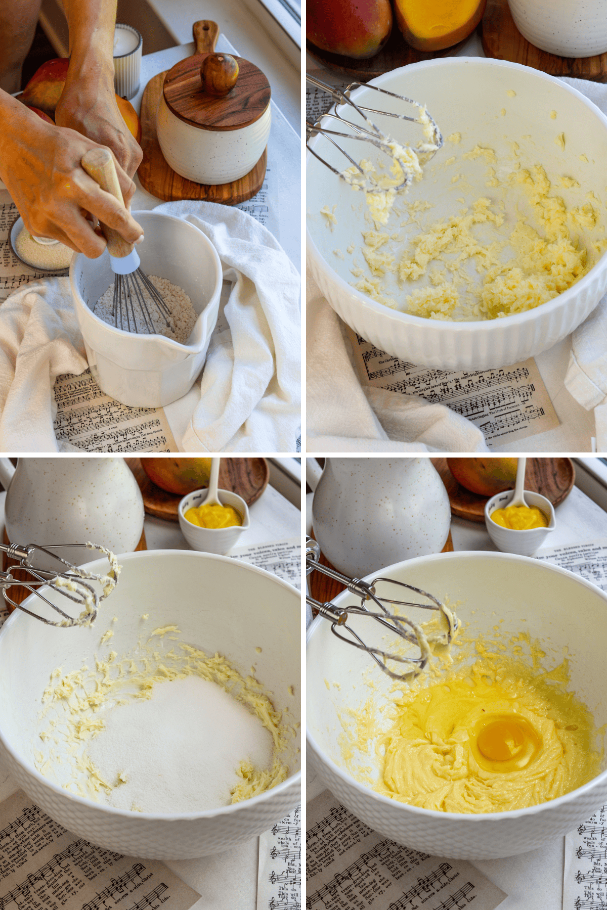 First picture: measuring cup with flour inside and a whisk mixing the ingredients together. Second picture: beating the butter with an electric mixer. Third picture: bowl with whipped butter inside and sugar added to the bowl. Fourth picture: bowl with whipped butter and sugar and an egg added to the bowl.