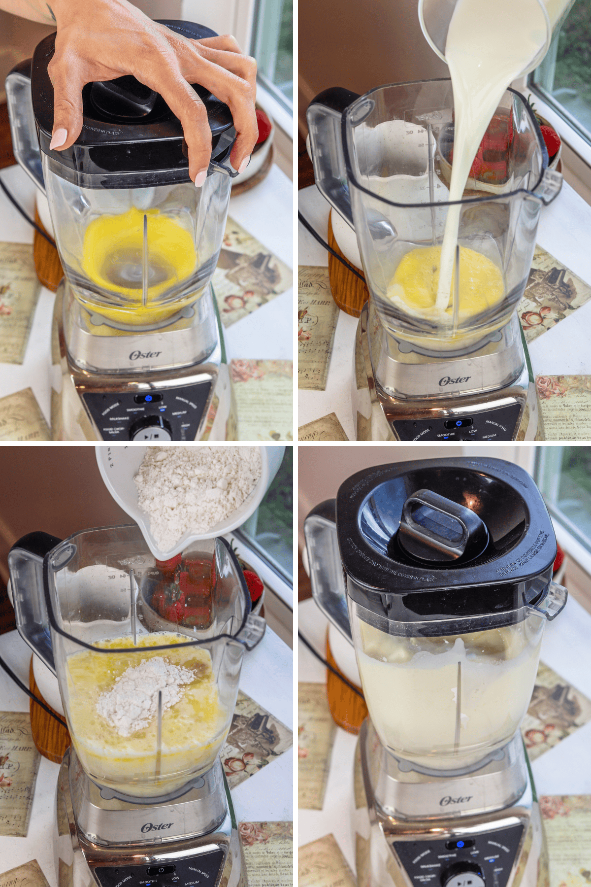first picture: blender with eggs inside blending. second picture: pouring milk into a blender with eggs inside. third picture: pouring flour into a blender cup with milk and eggs inside. fourth picture: blending batter in the blender.