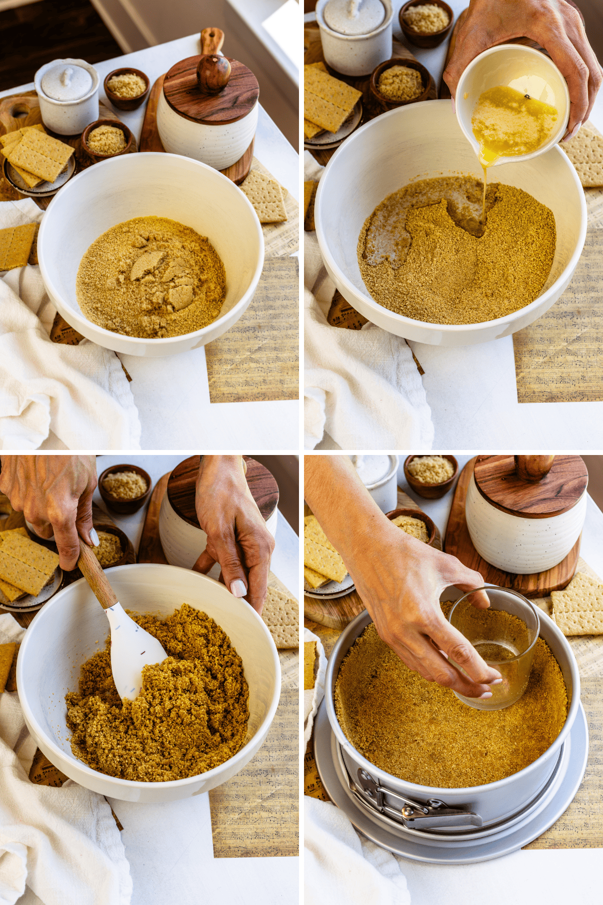 first picture: bowl with graham cracker and brown sugar. second picture: bowl with graham cracker and brown sugar mixed together, and melted butter being added to the bowl. third picture: bowl with graham crackers and sugar and a spatula mixing. fourth picture: pressing the graham cracker mixture on the bottom of a springform pan.