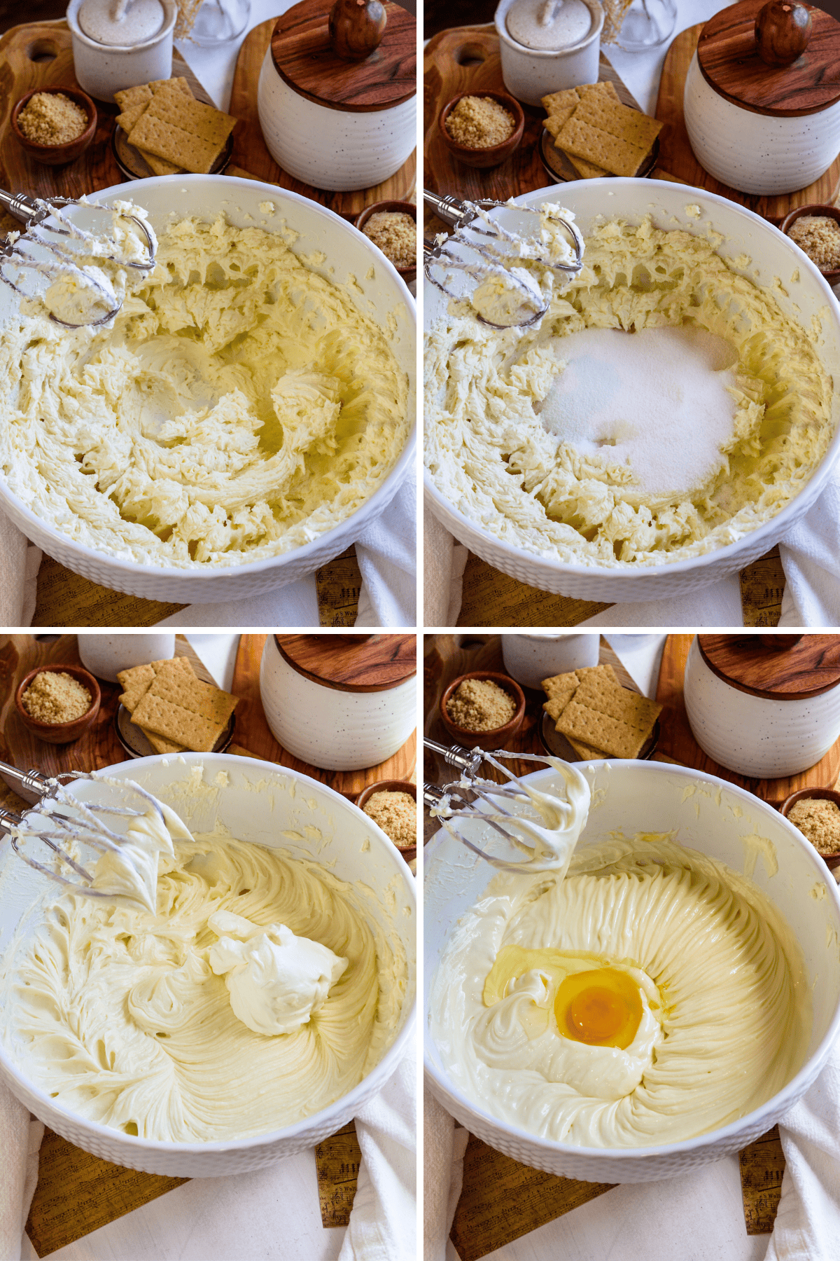 first picture: bowl with cream cheese whipped in the bowl. second picture: bowl with whipped cream cheese and sugar added to the bowl. third picture: bowl with cream cheese whipped in the bowl and sour cream added. fourth picture: bowl with cheesecake batter and an egg added to the bowl.