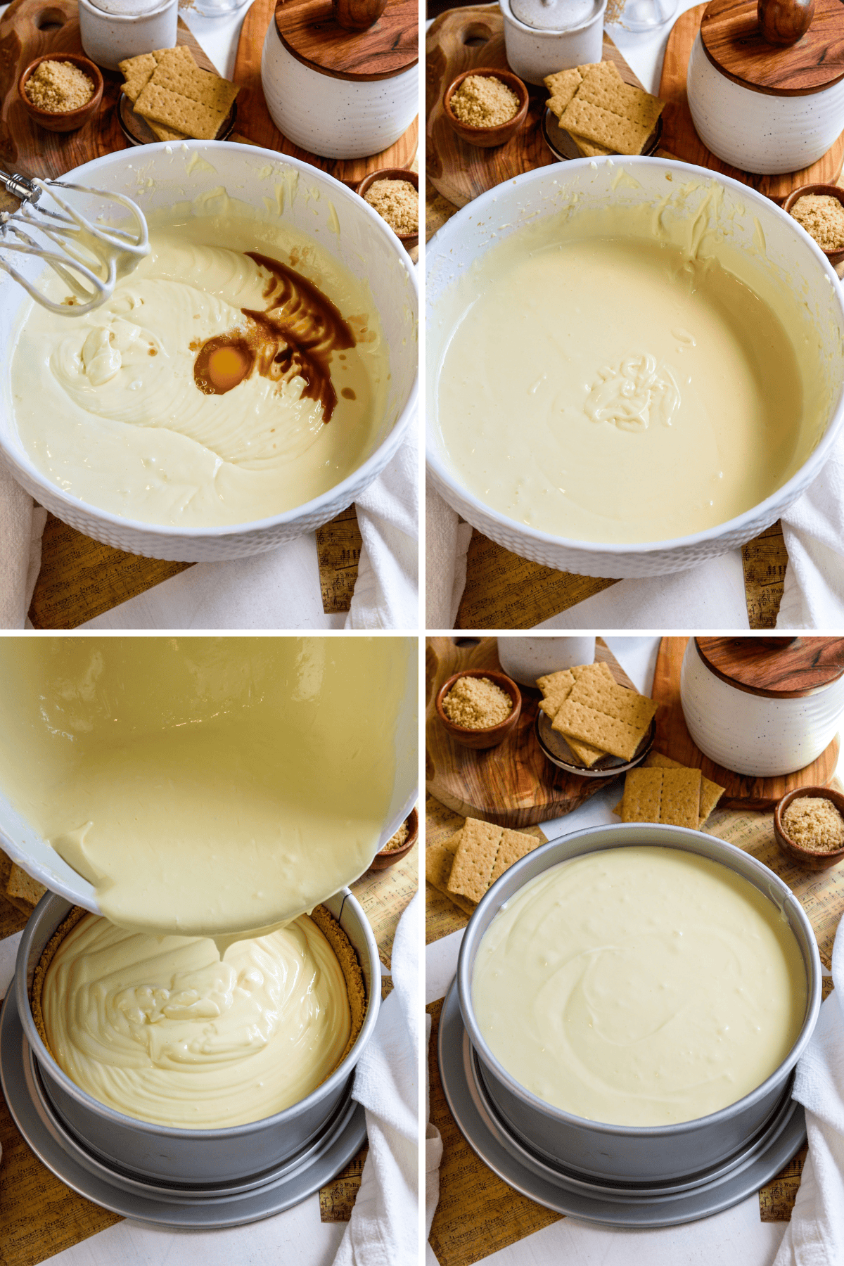 first picture: bowl with cheesecake batter, an egg and vanilla added to the bowl. second picture: bowl with cheesecake batter inside. third picture: springform pan with cheesecake batter being added to it. fourth picture: springform pan with cheesecake batter added to it.