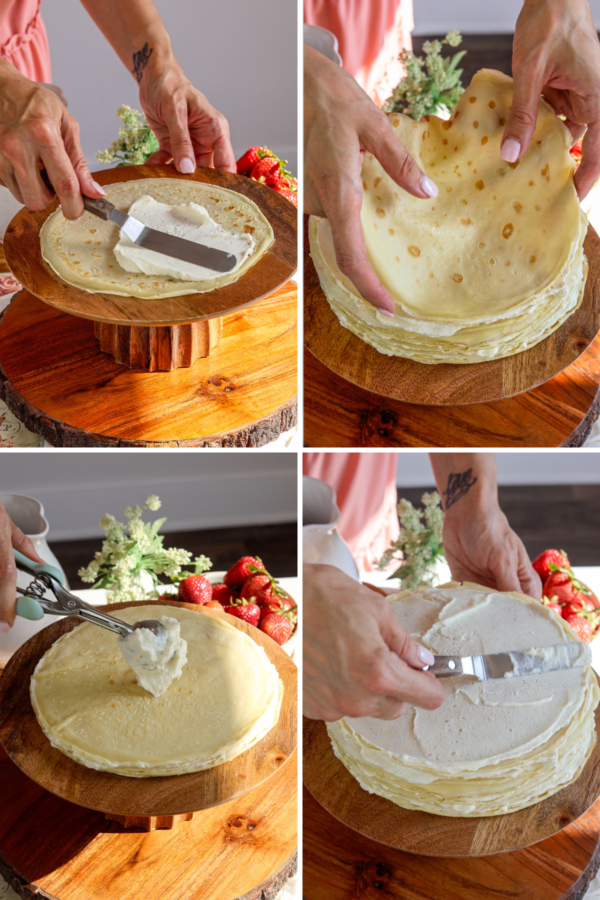 first picture: spreading mascarpone cream on top of crepe that's on a cake plate. second picture: placing a crepe on top of a pile of crepes. third picture: scooping mascarpone cream on top of crepe. fourth picture: spreading the mascarpone cream with a spatula on top of crepe cake.