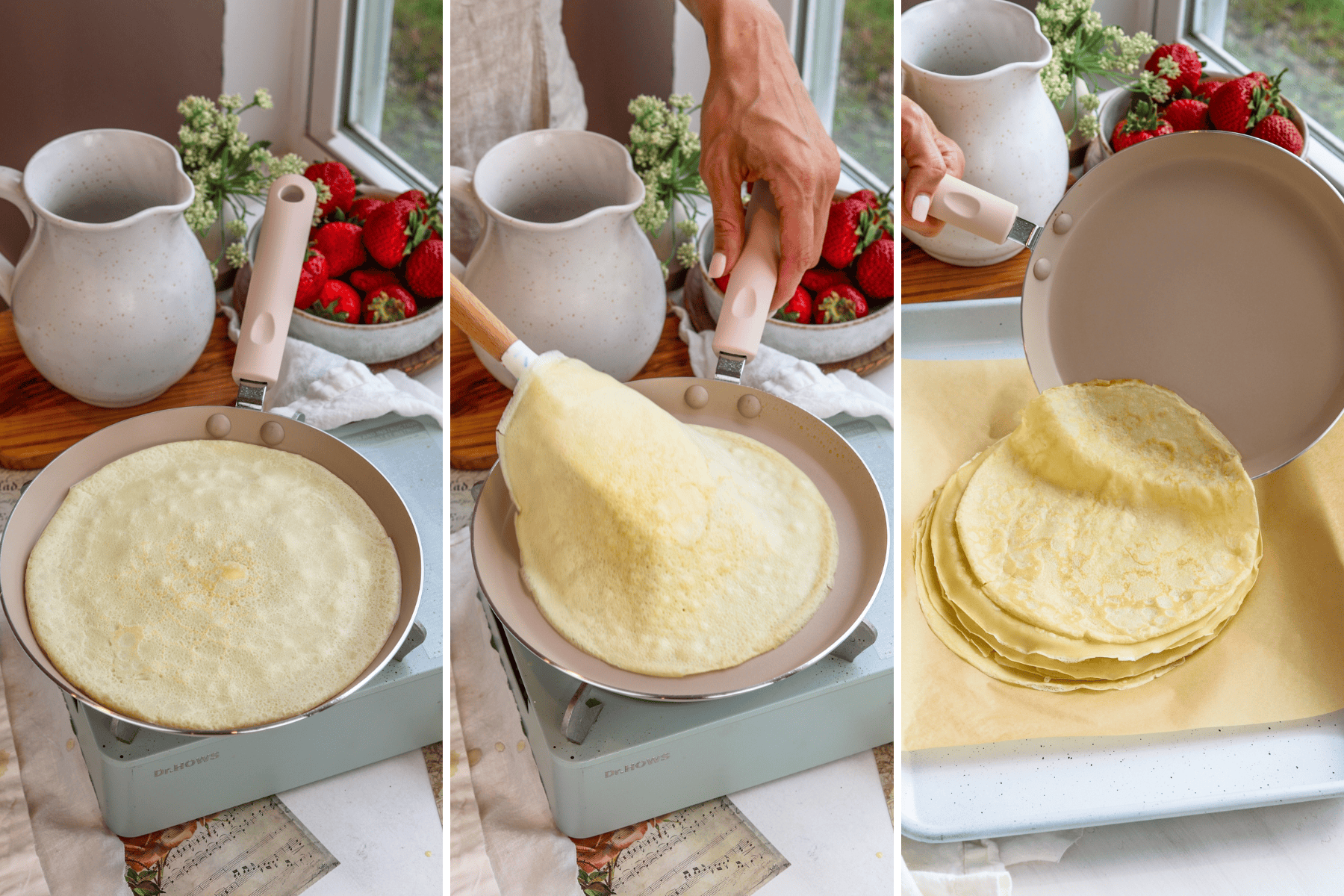 first picture: crepe cooking in a crepe pan over a stove burner. second picture: lifting crepe with a spatula from the crepe pan. third picture: transferring the crepe from the crepe pan into a pile of crepes on top of a baking sheet.
