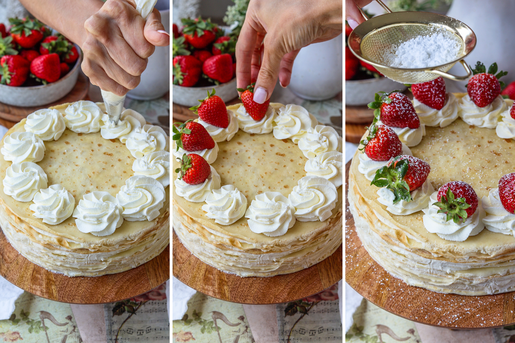 first picture: piping whipped cream on top of crepe cake. second picture: placing strawberries on top of crepe cake. third picture: sprinkling powdered sugar on top of crepe cake.