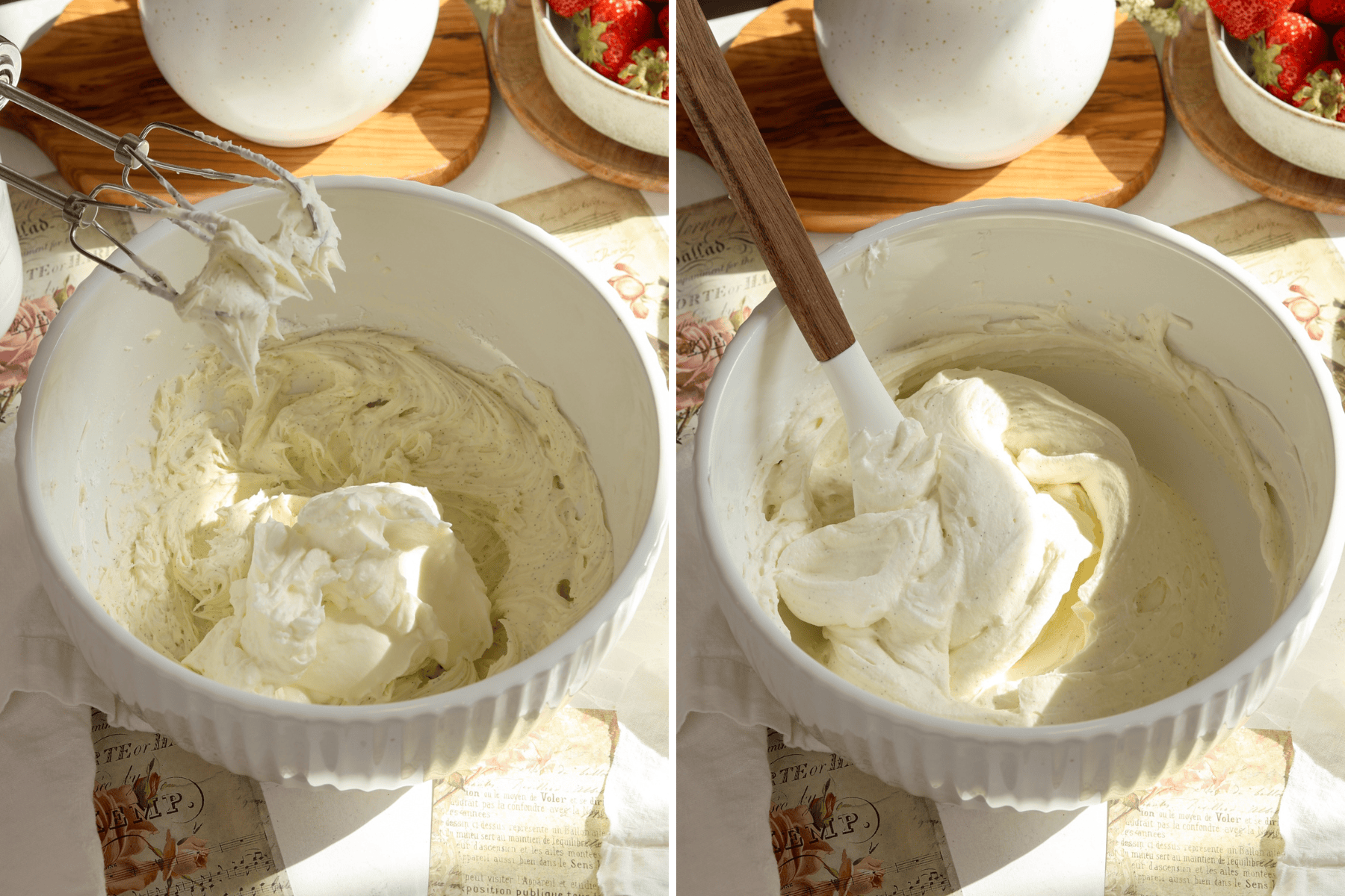 first picture: whipped mascarpone cream added to a bowl with whipped cream. second picture: spatula in a bowl with creamy mascarpone filling.