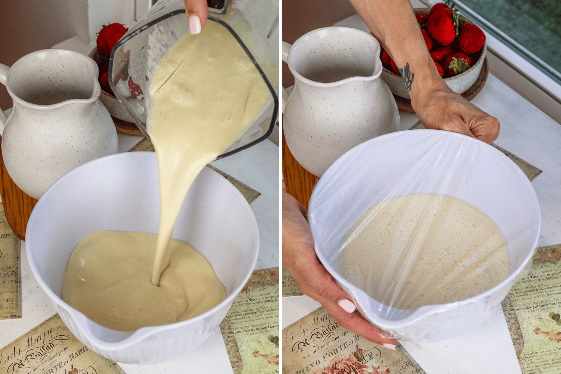 first picture: pouring crepe batter into a bowl. second picture: covering the crepe batter bowl with plastic wrap.