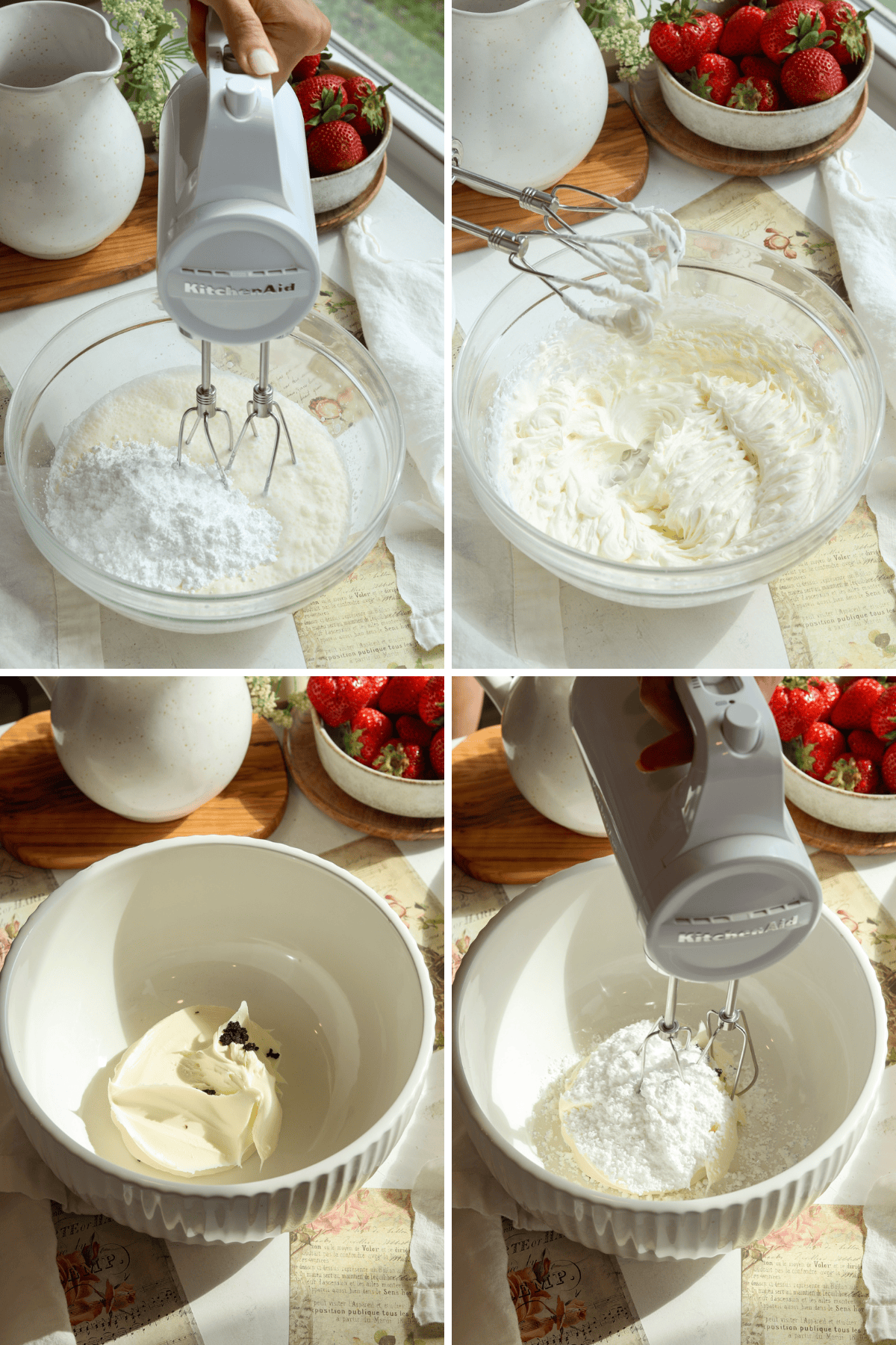 first picture: bowl with whipping cream and powdered sugar, and an electric mixer in the bowl. second picture: whipped cream in a bowl. third picture: bowl with mascarpone cream and vanilla bean seeds added to the bowl. fourth picture: bowl with mascarpone, powdered sugar, and vanilla beans added to the bowl.