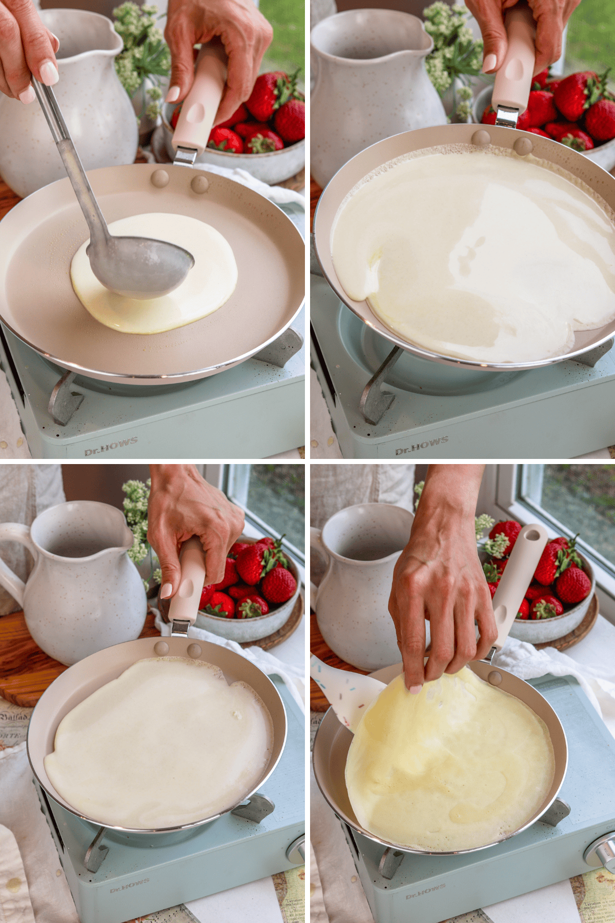 first picture: ladel pouring some batter into a crepe pan over a stove burner. second picture: swirling the pan around to spread the crepe batter around. third picture: swirling the crepe pan to spread the batter around. fourth picture: lifting a crepe from the crepe pan with hands and a spatula to flip it.