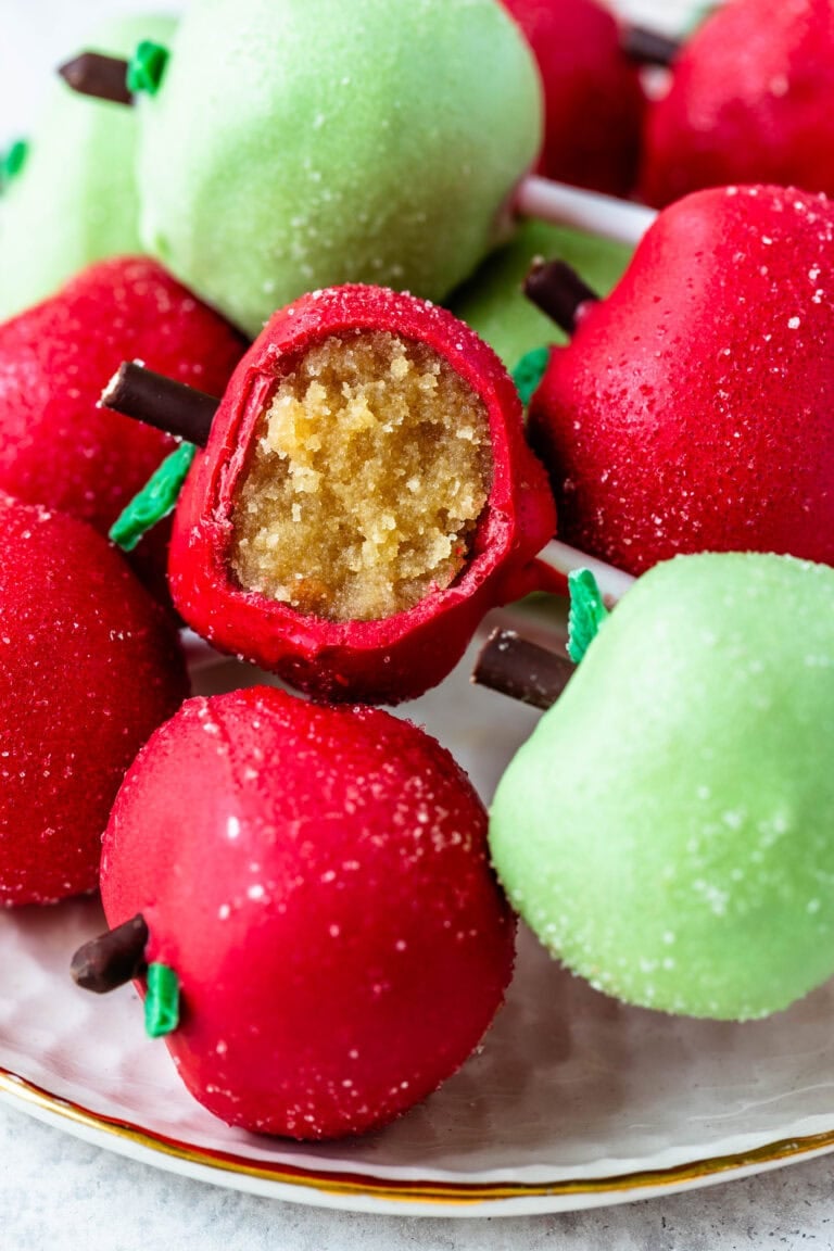 apple cake pops on a plate.
