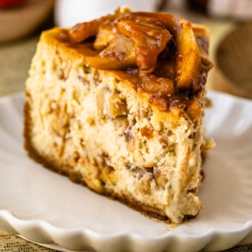 apple caramel cheesecake slice on a plate.