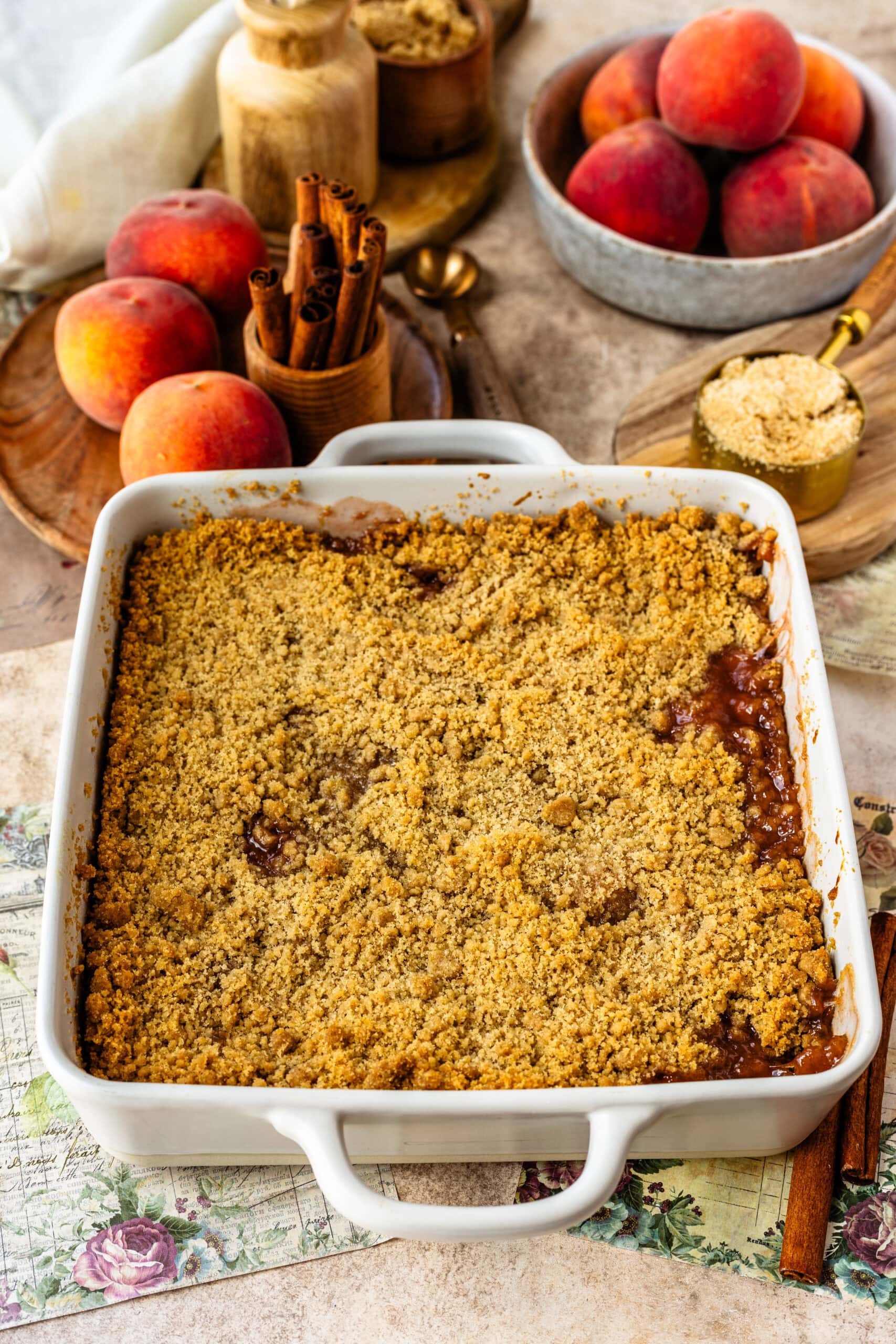 peach crisp in a 8x8 baking tray.