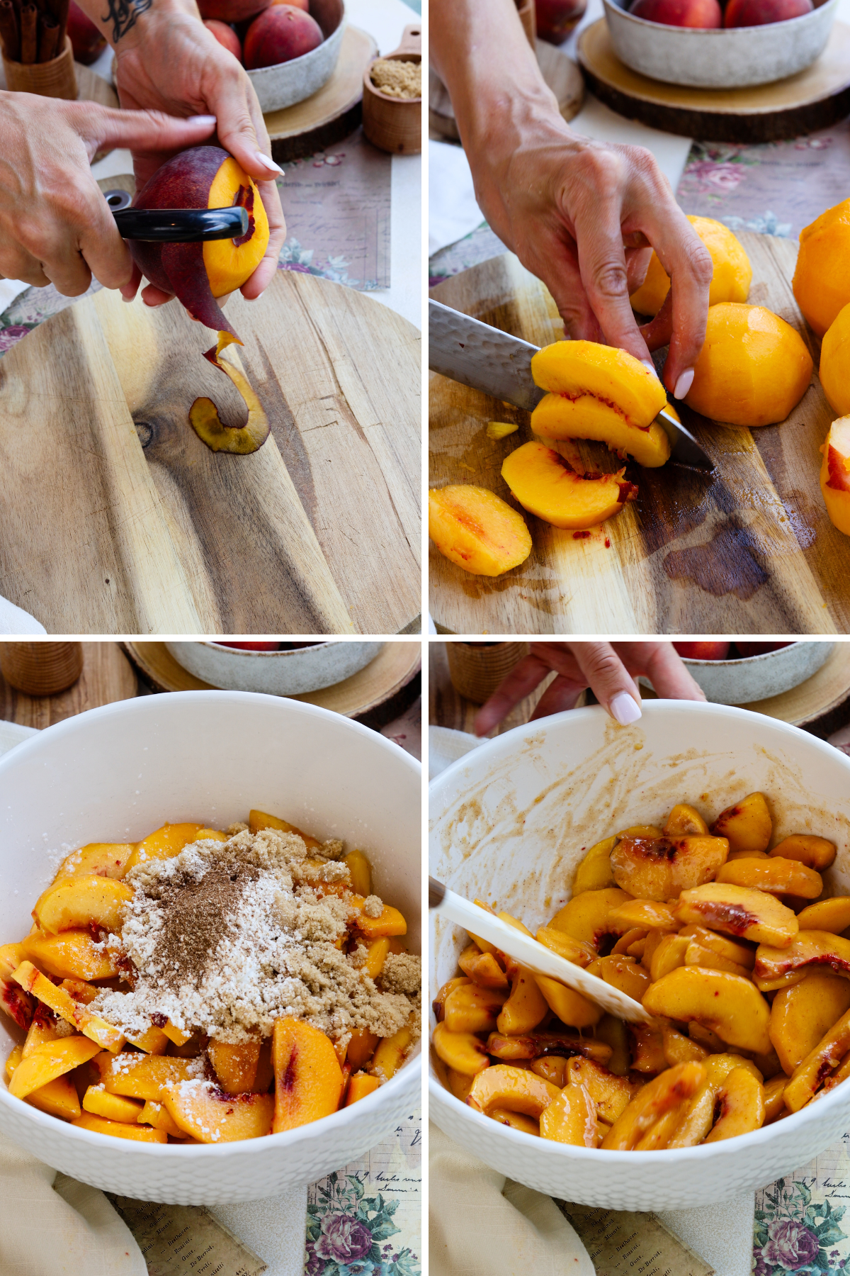 first picture: peeling a peach with a vegetable peeler. second picture: slicing a peach with a knife on a cutting board. third picture: sliced peaches in a bowl with spices added on top. fourth picture: bowl with spiced peaches mixed together with sugar.