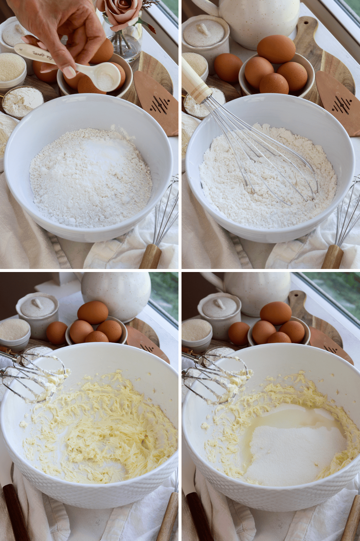 A step-by-step collage showing the preparation of a cake batter. The first two images depict the dry ingredients being mixed in a white bowl, with a whisk and a hand adding baking powder. Surrounding the bowl are eggs, sugar, flour, and other baking tools. The last two images show the butter being creamed in a white bowl using a hand mixer, followed by the addition of sugar. The natural light from a nearby window brightens the scene, with soft neutral tones in the background.
