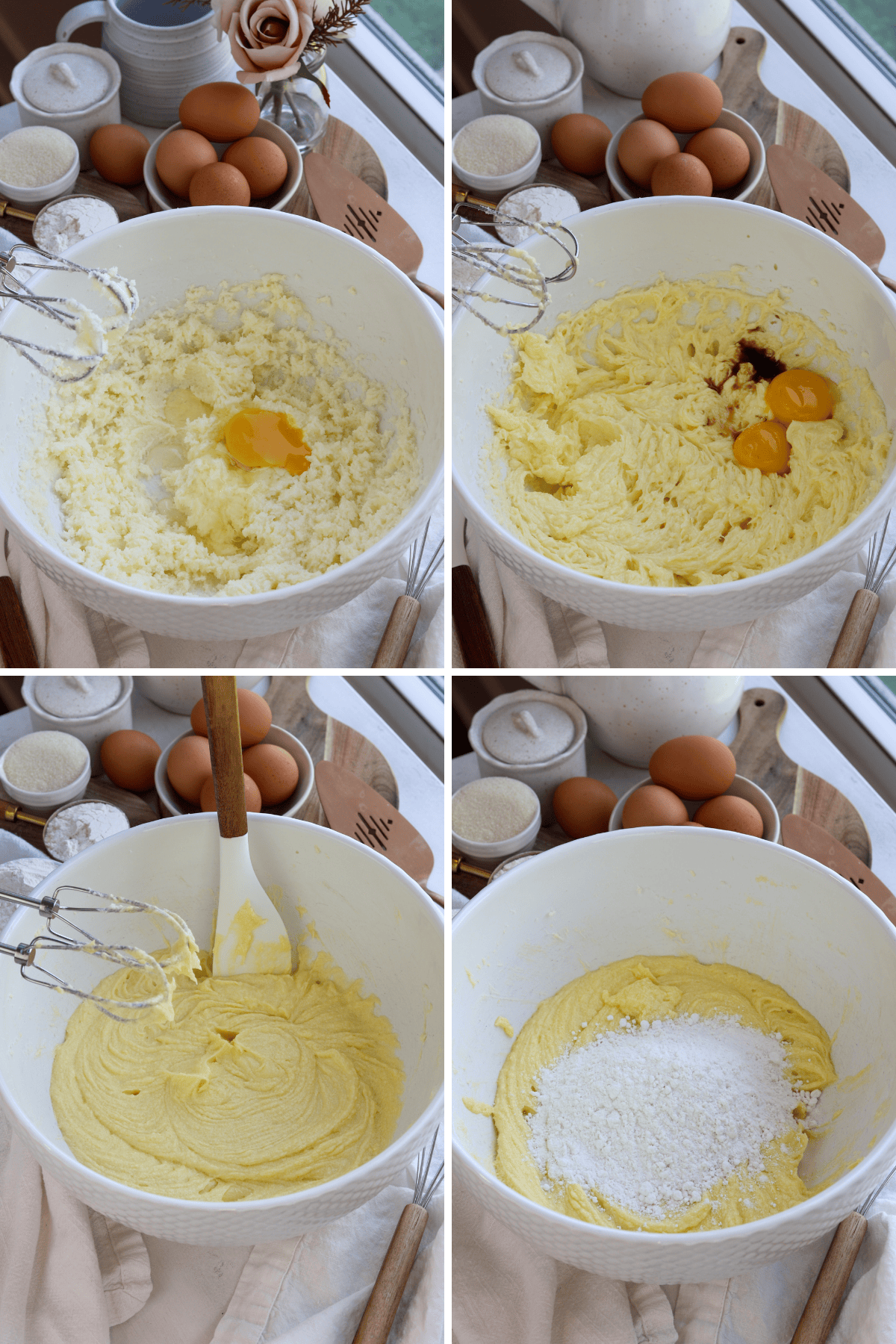 A four-step collage showing the process of mixing cake batter. In the first two images, eggs and vanilla are being added to the creamy butter mixture in a white bowl. The background includes eggs, sugar, and flour, arranged neatly with a pink rose and natural lighting from a window. In the third image, the batter is being mixed with a hand mixer, becoming smooth and creamy. The final image shows the dry ingredients being added to the bowl, preparing for further mixing. The soft, warm atmosphere creates an inviting baking scene.