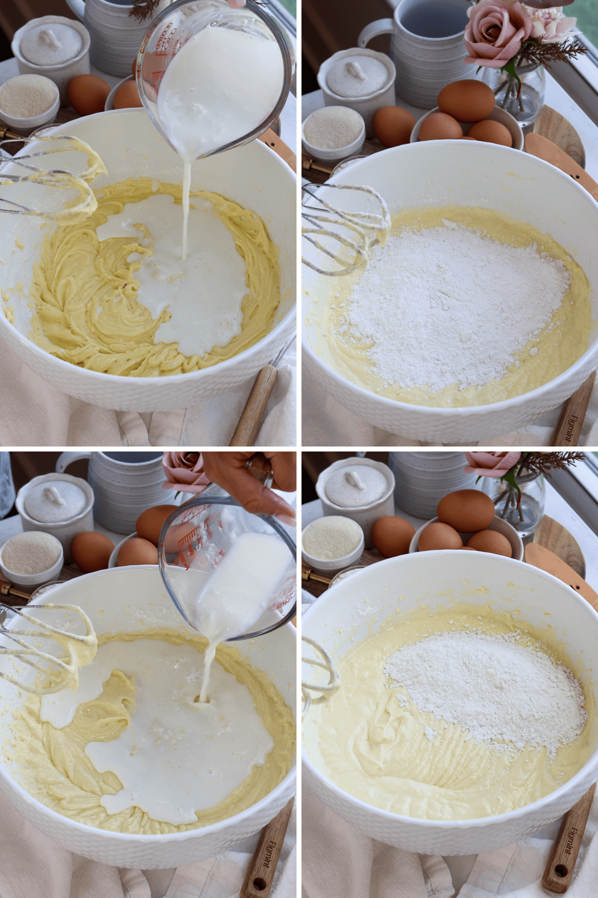 A four-step collage showing the process of alternating the addition of milk and flour into a yellow cake batter. In the first and third images, milk is being poured into the creamy batter from a glass measuring cup, making it smooth and silky. In the second and fourth images, sifted flour is being added on top of the batter. The background features baking essentials such as sugar, eggs, and flour, all arranged beautifully near a vase with a pink rose, creating a peaceful and organized atmosphere for baking.