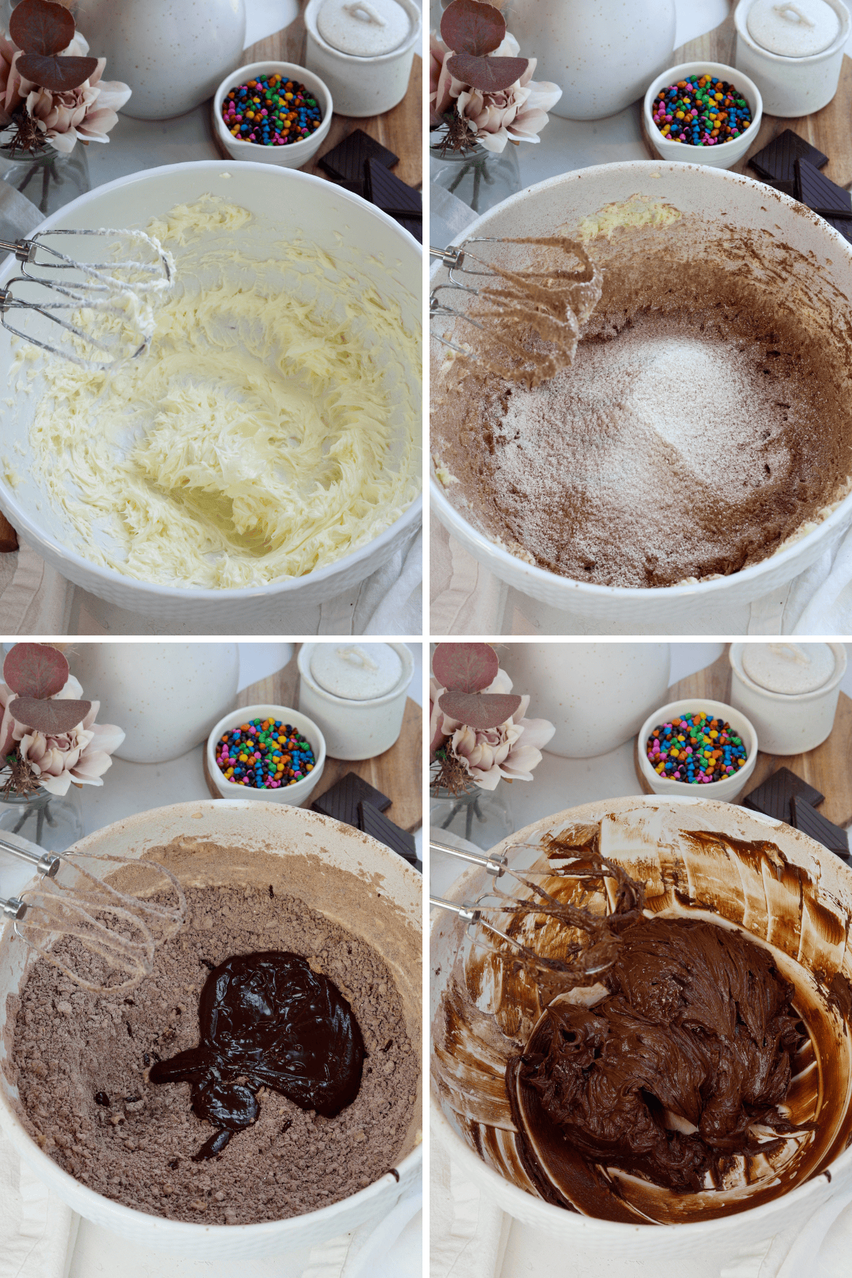 A four-step collage showing the process of making chocolate frosting. The first image features a large bowl of whipped butter being mixed with an electric mixer until creamy and light. In the second image, sifted powdered sugar and cocoa powder have been added to the bowl. The third image shows melted chocolate being poured into the cocoa mixture. The final image captures the creamy, rich chocolate frosting, fully mixed and ready to use, with a smooth and glossy texture.