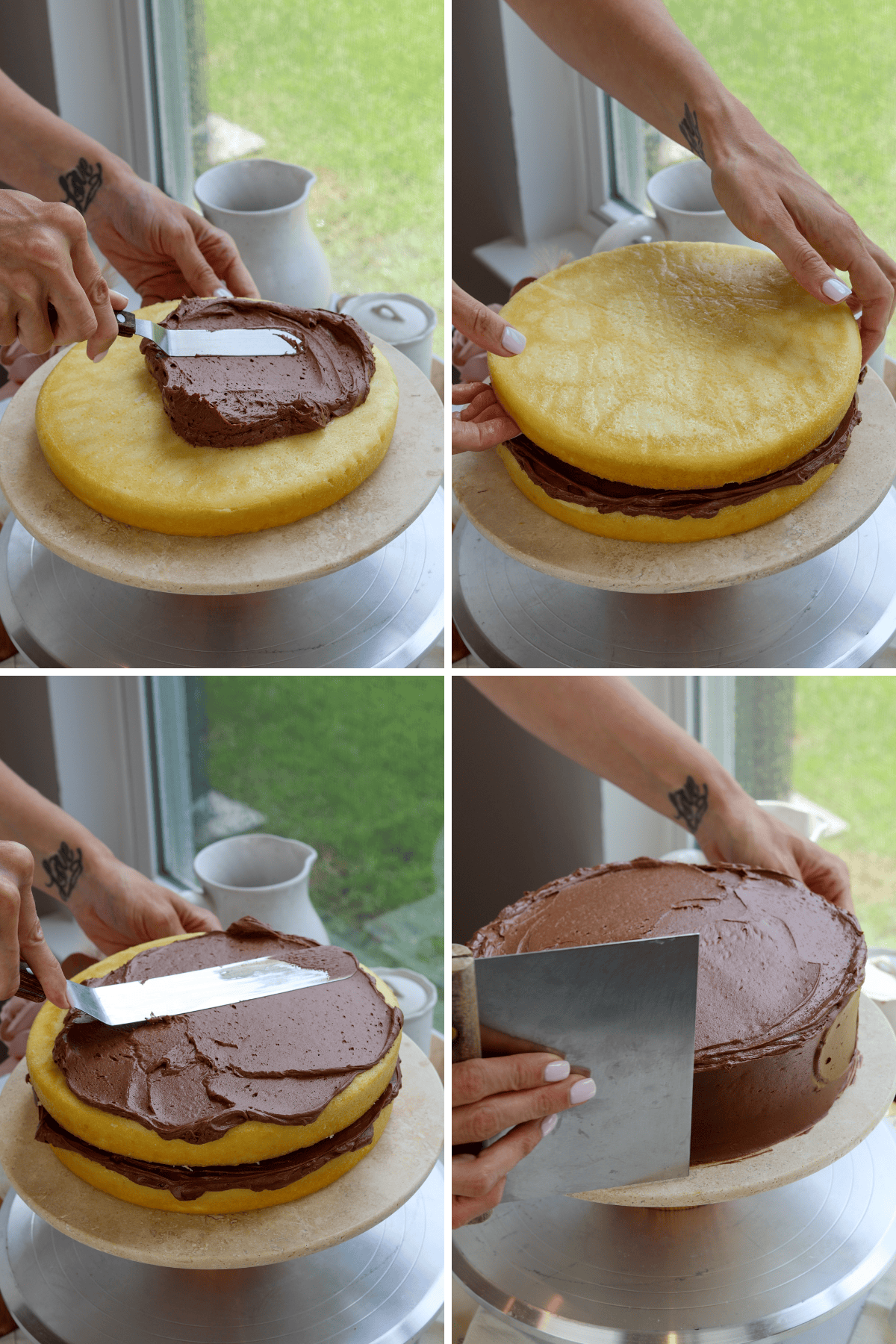 A four-step collage showing the process of assembling and frosting a yellow cake with chocolate frosting. The first image depicts a person using an offset spatula to spread a generous layer of chocolate frosting on the bottom cake layer. In the second image, another layer of yellow cake is being carefully placed on top of the frosted layer. The third image shows the person evenly spreading more chocolate frosting on top of the cake. In the final image, the sides of the cake are being smoothed using a bench scraper to create a clean, smooth finish for the chocolate frosting.