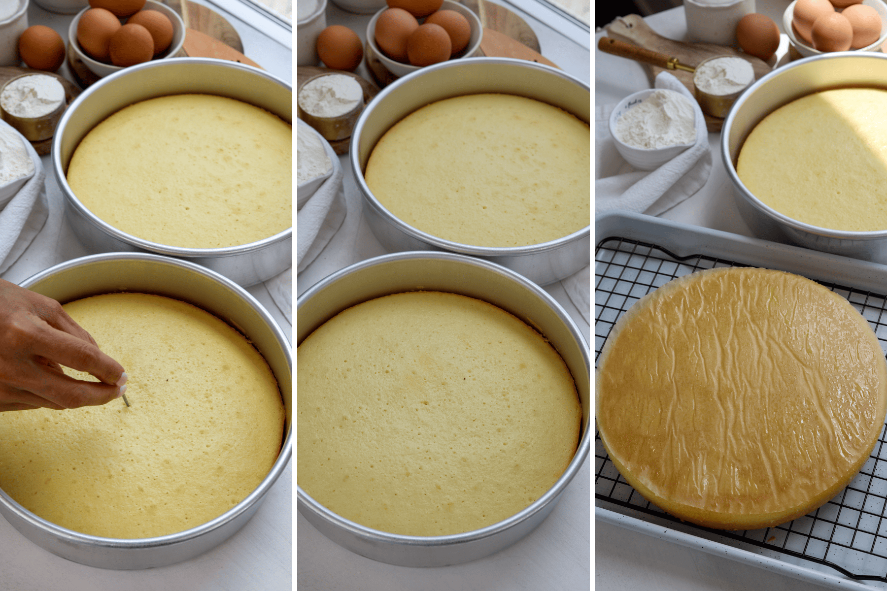 A three-step collage showing the process of testing and cooling freshly baked yellow cakes. The first image shows a person inserting a toothpick into the center of one of the cakes to check for doneness. The second image depicts the toothpick test with the toothpick coming out clean, indicating that the cake is baked through. The third image displays one of the yellow cakes removed from the cake pan and cooling upside down on a wire rack, revealing the even golden surface of the cake bottom. The surrounding area includes ingredients like eggs and flour.
