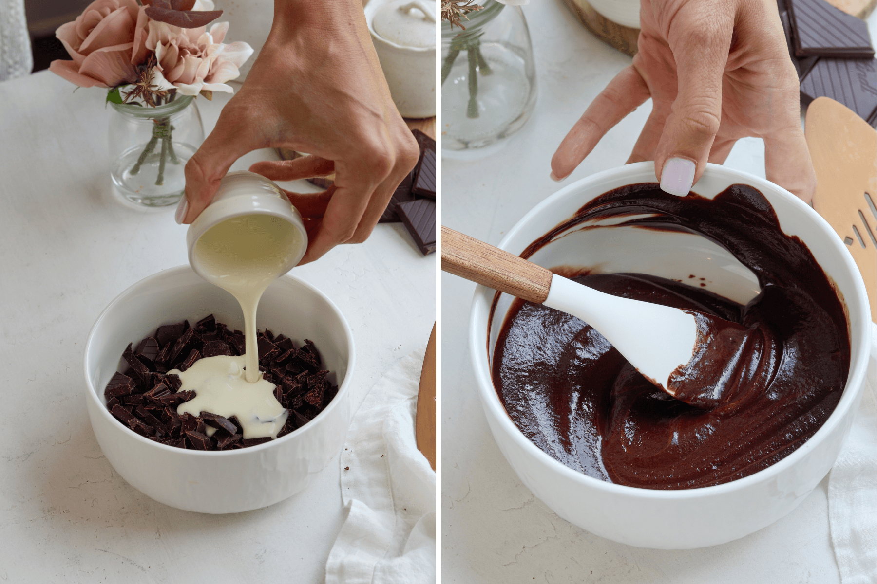 A two-step collage illustrating the process of making chocolate ganache. The first image shows a person pouring sweetened condensed milk into a bowl filled with chopped dark chocolate. The second image reveals the smooth and glossy chocolate ganache after being mixed with a spatula. In the background, a soft floral arrangement in a glass vase adds a delicate touch, along with chocolate bars and a ceramic jar.