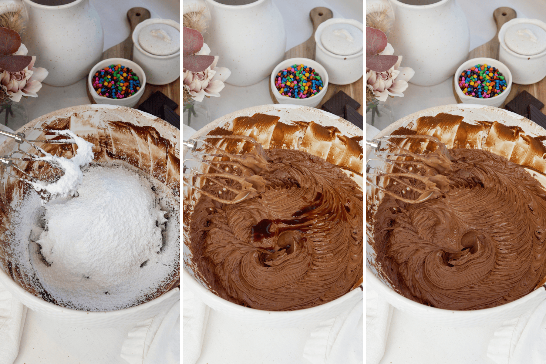 A three-step collage showing the process of making chocolate frosting. The first image shows powdered sugar being sifted into a bowl of creamy chocolate frosting using an electric mixer. In the second image, the chocolate frosting is thickening as the mixer blends the ingredients, and vanilla extract has been added. The third image shows the smooth, velvety texture of the chocolate frosting after it has been fully mixed. In the background, small bowls of colorful sprinkles, a jar of sugar, and soft floral decor add warmth to the setting.