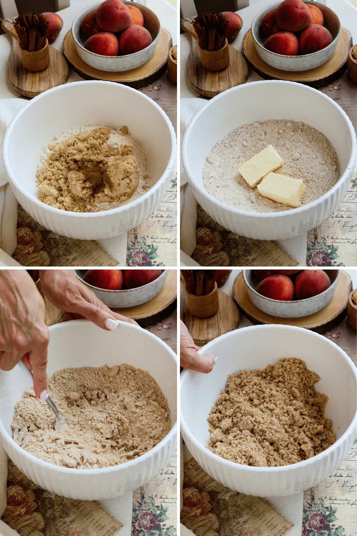 first picture: bowl with flour, sugar, and spices. second picture: bowl with flour, sugar, spices, mixed together and butter added to the bowl. third picture: hand mixing the butter and dry ingredients together with a fork. fourth picture: crumble mixed in a bowl.