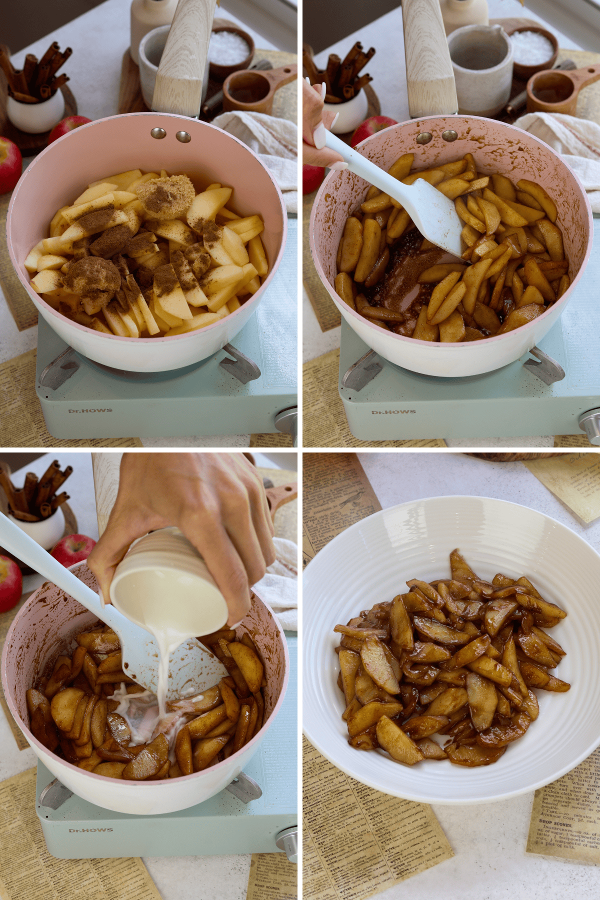 first picture: sliced apples in a pan with spices. second picture: apples cooking in a pan. third picture: adding cornstarch mixture to the pan. fourth picture: cooked apples on a plate.